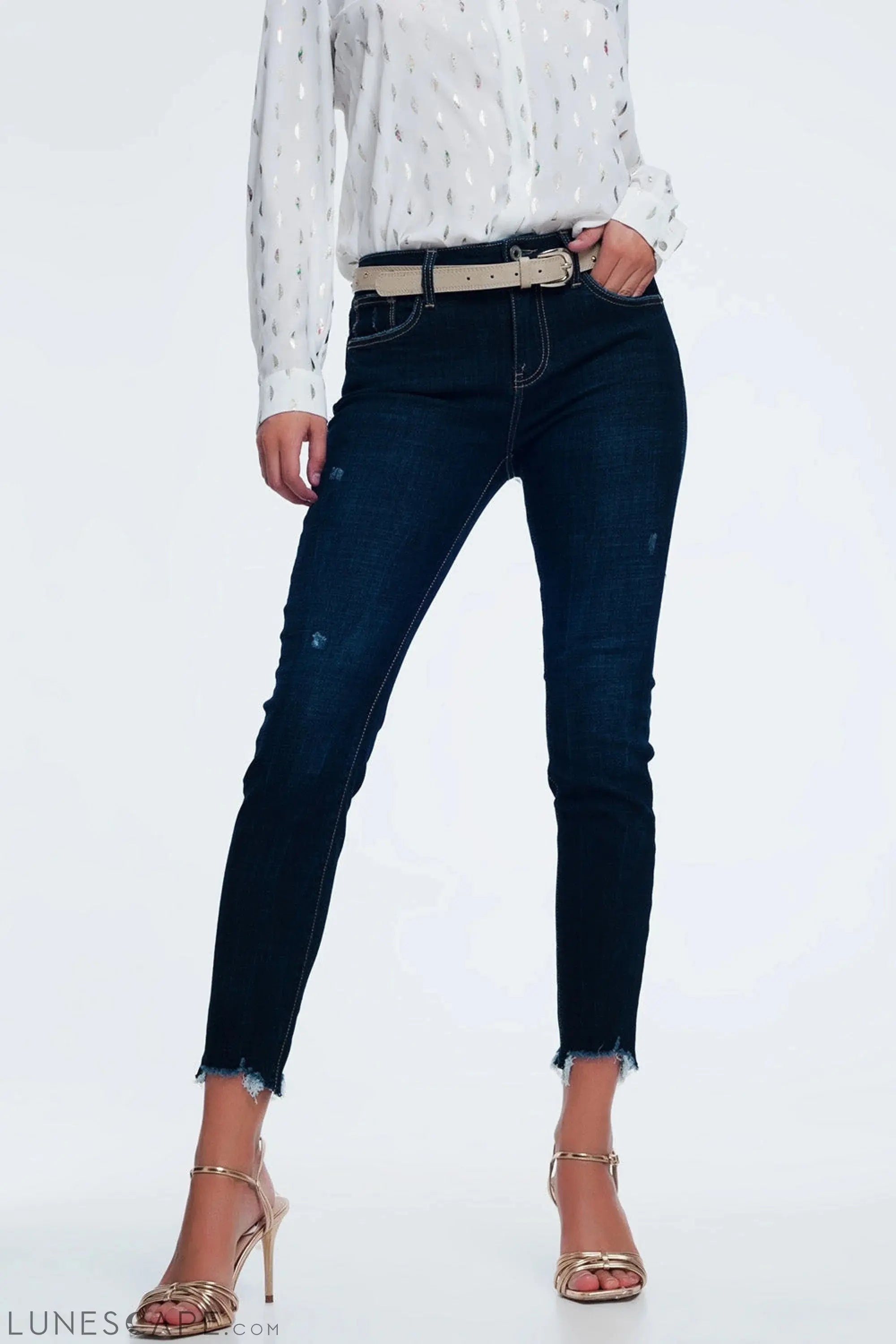 Mid Rise Jeans in Bright Blue With Raw Hem LUNESCAPE