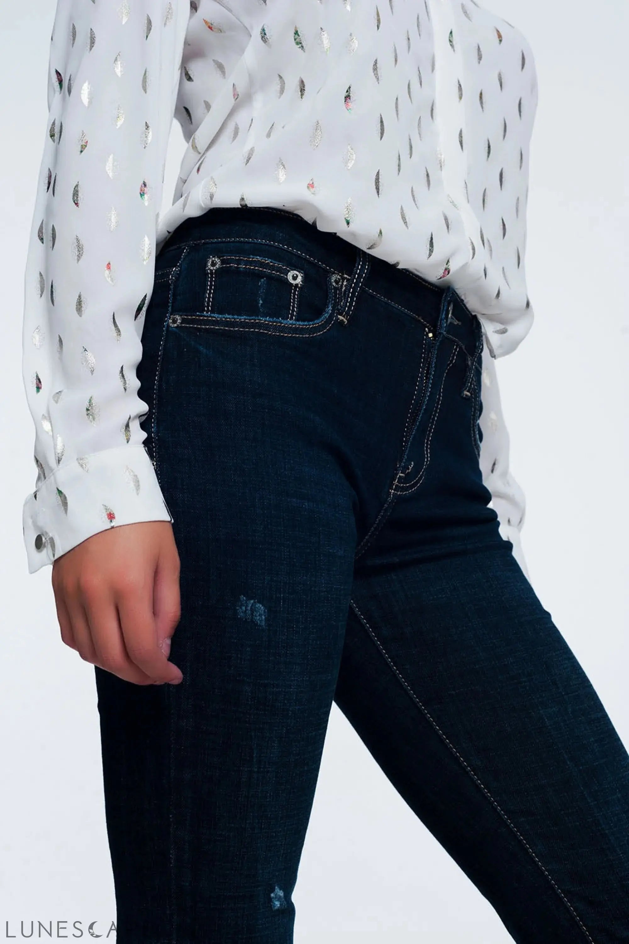 Mid Rise Jeans in Bright Blue With Raw Hem LUNESCAPE