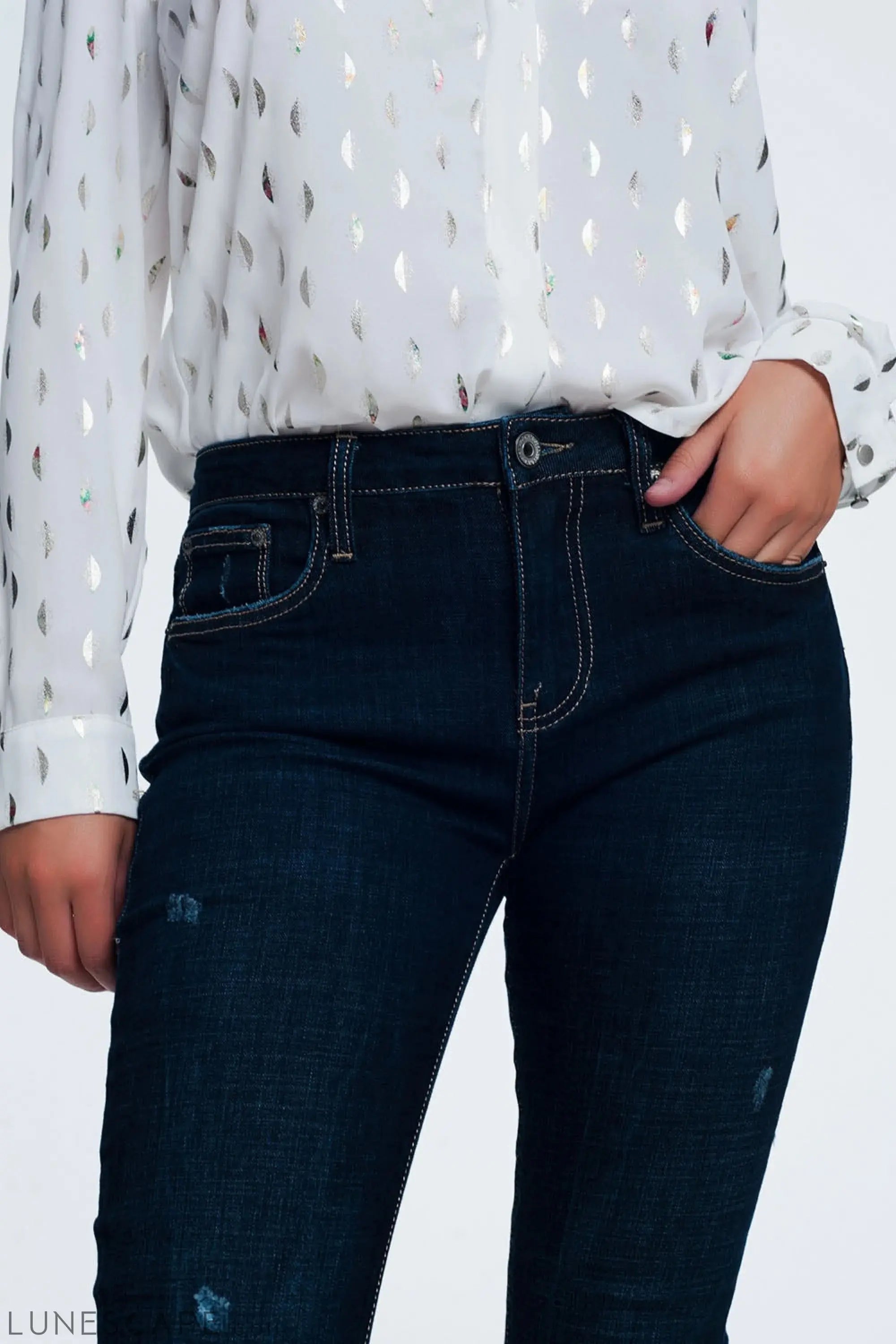 Mid Rise Jeans in Bright Blue With Raw Hem LUNESCAPE