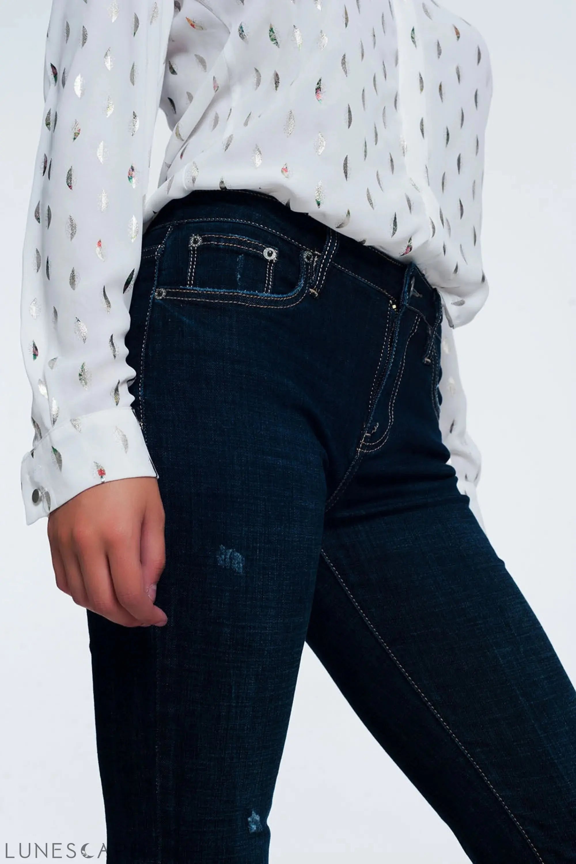 Mid Rise Jeans in Bright Blue With Raw Hem LUNESCAPE