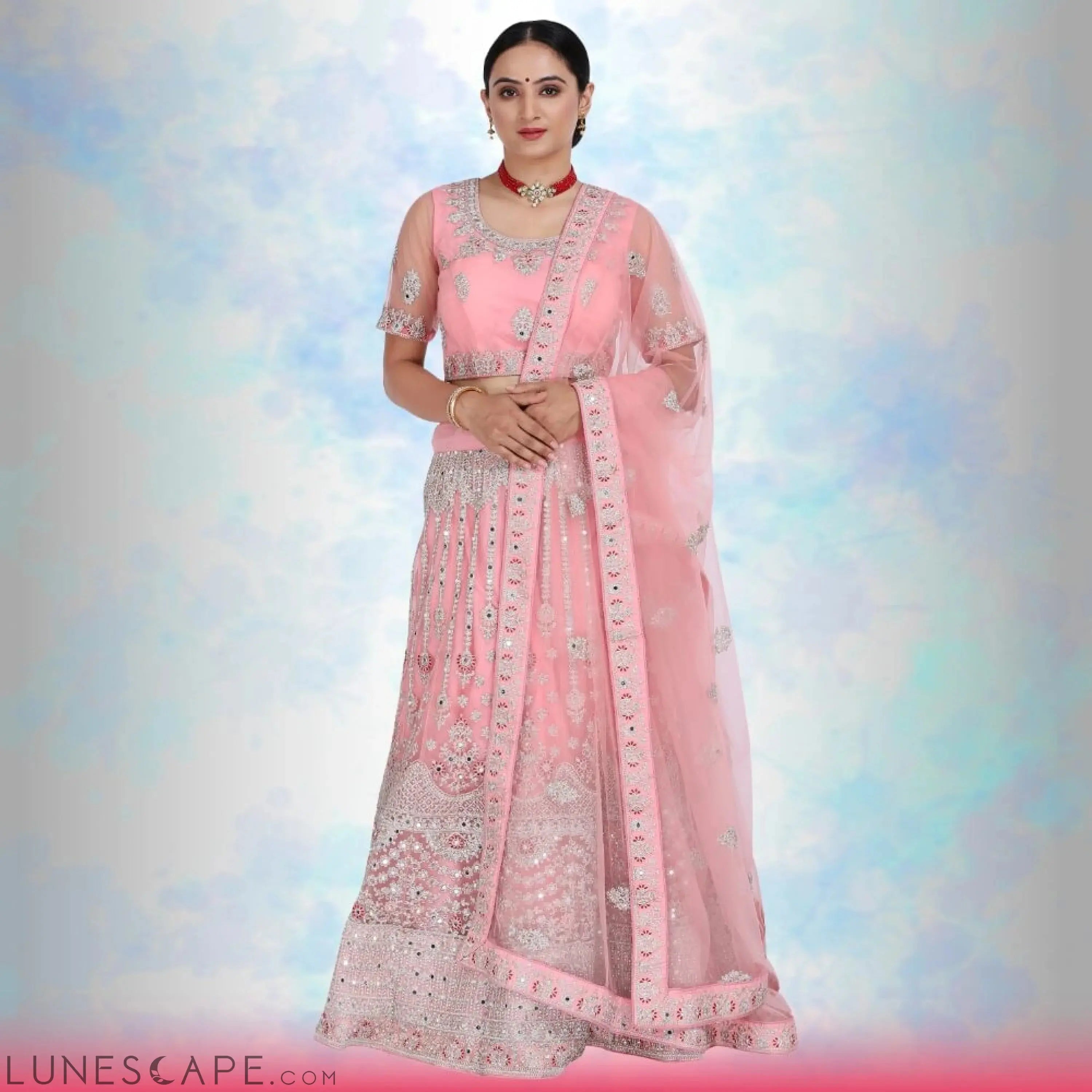 Mirror Work Lehenga Choli - Pink LUNESCAPE