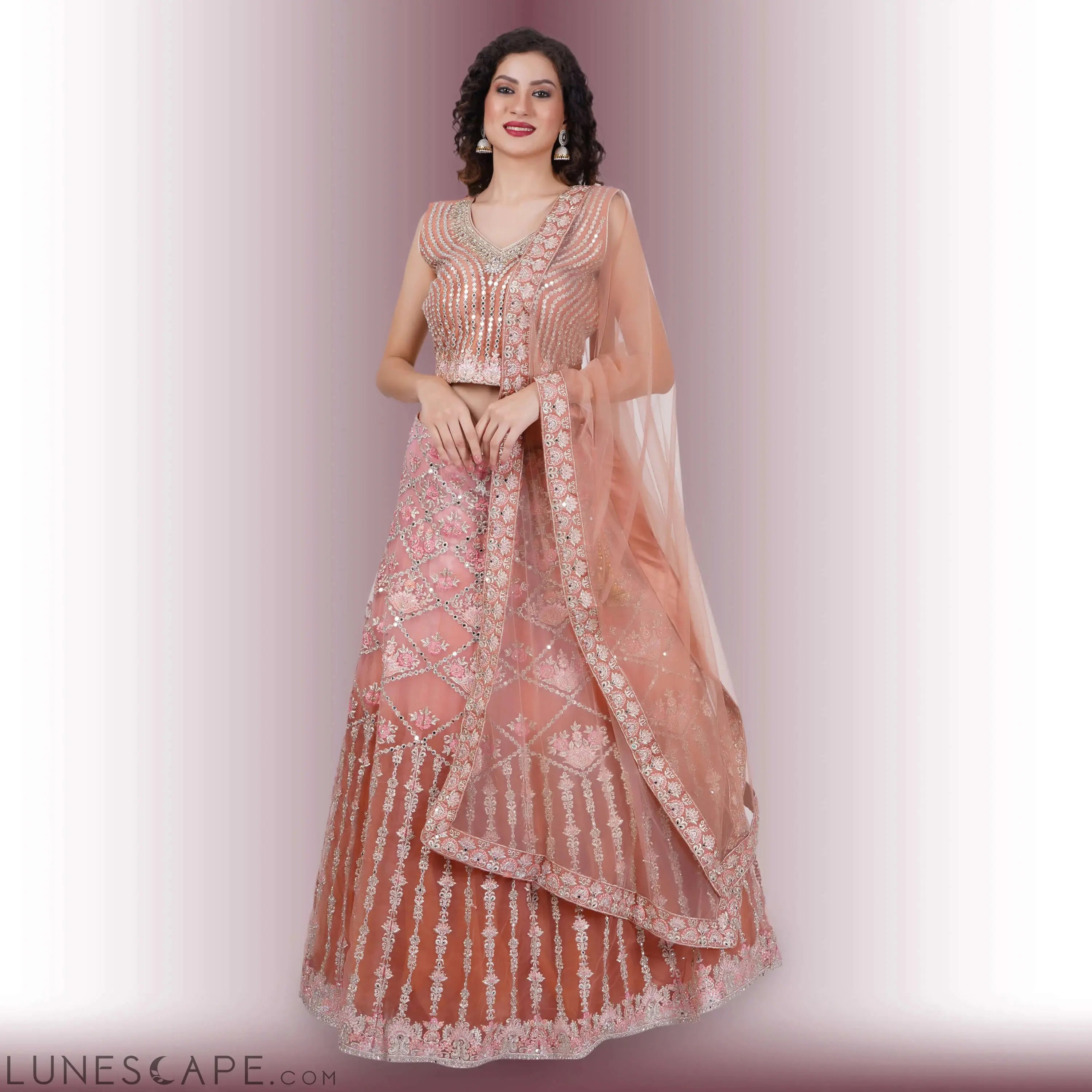 Mirror Work Lehenga in Ombre Biege LUNESCAPE