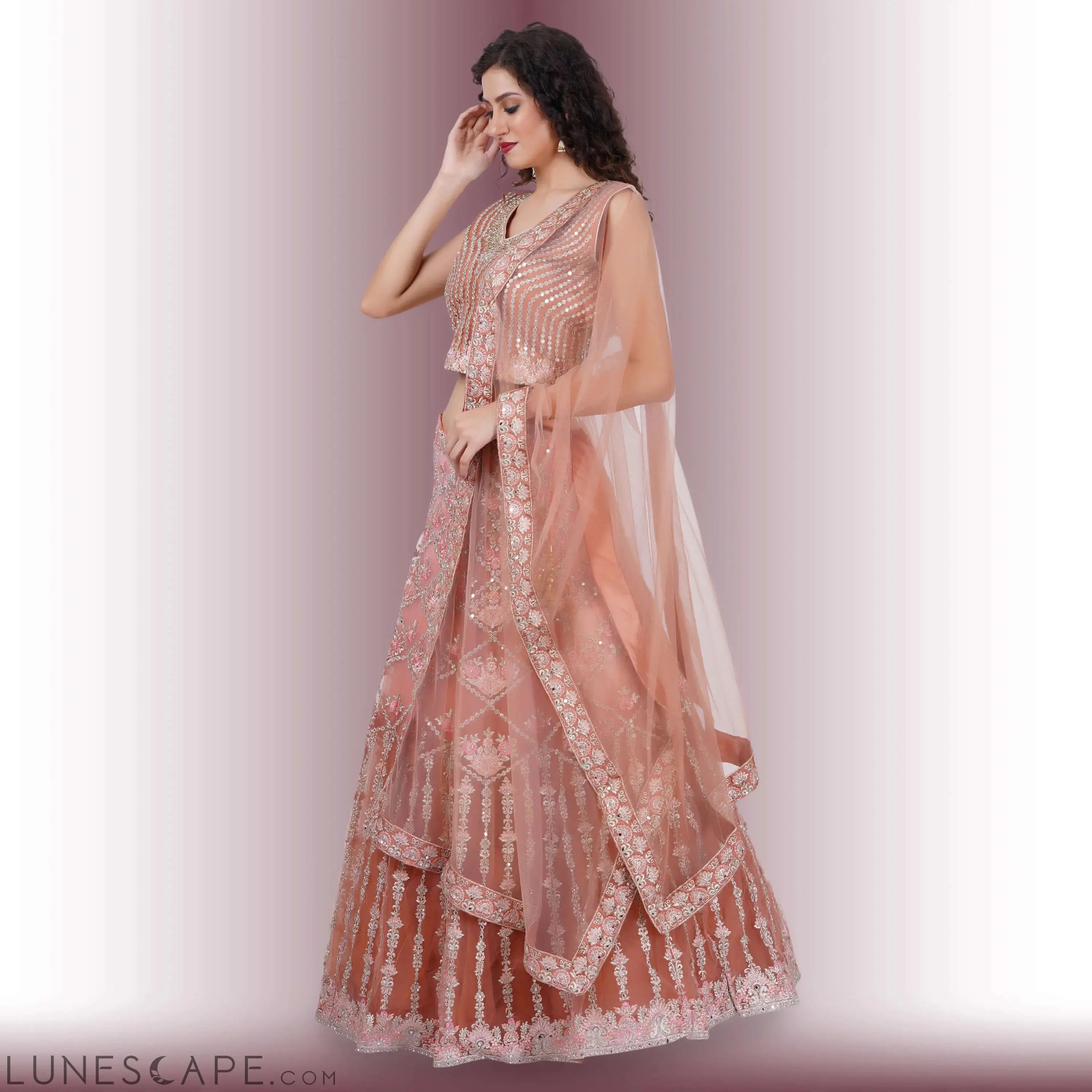 Mirror Work Lehenga in Ombre Biege LUNESCAPE