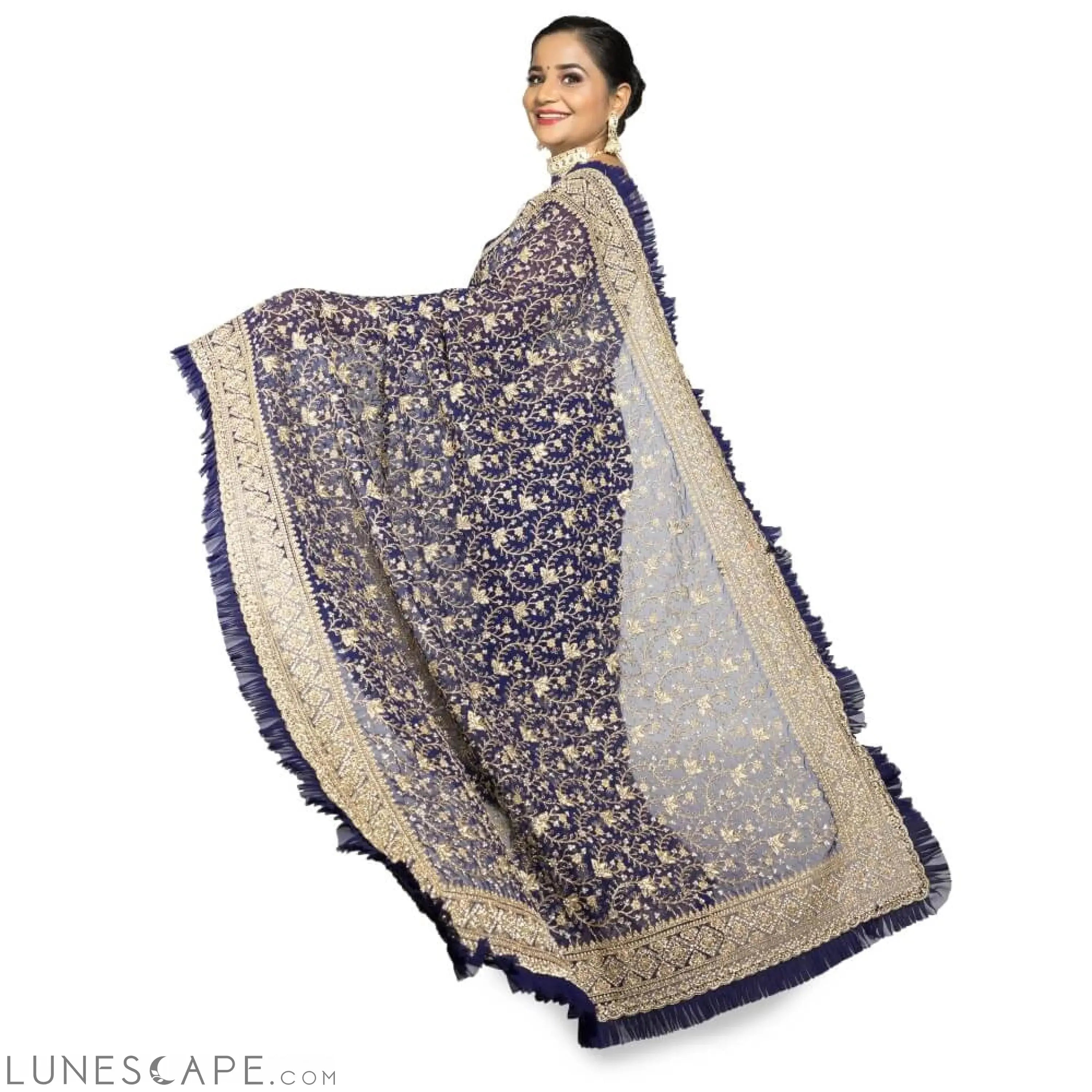 Navy Blue Georgette Saree With Frill Edge LUNESCAPE