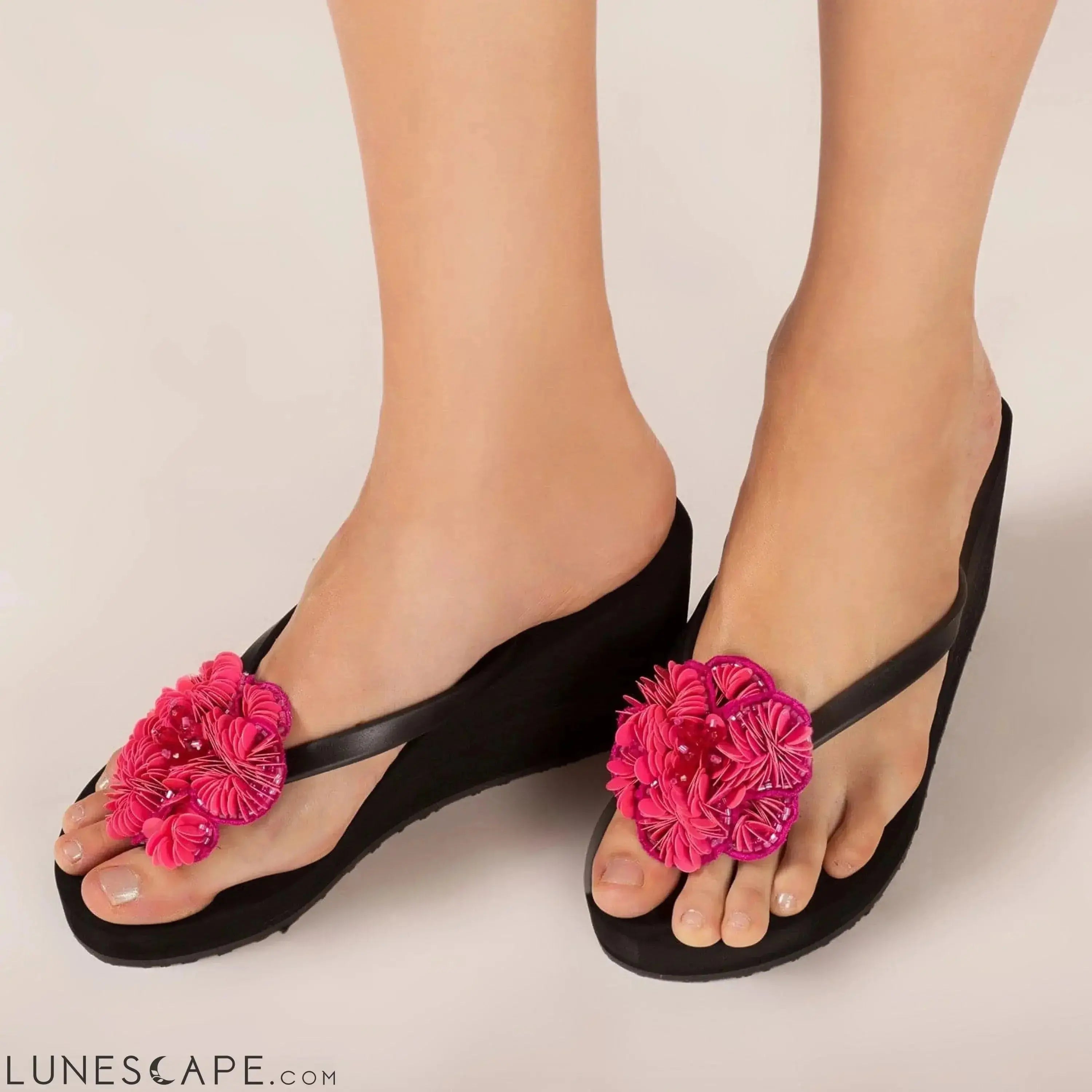 Noho (Pink Flower) - Women's High Wedge Flip Flops LUNESCAPE