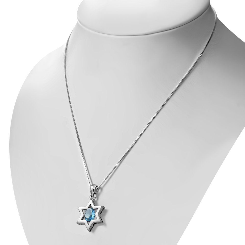Blue Topaz CZ Star of David Silver Pendant