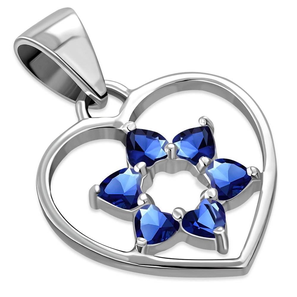 Blue Sapphire CZ Heart Star David Silver Pendant LUNESCAPE