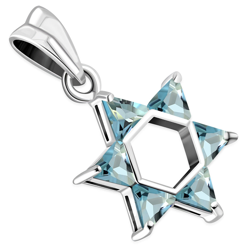 Topaz Blue CZ Medium Star David Silver Pendant LUNESCAPE