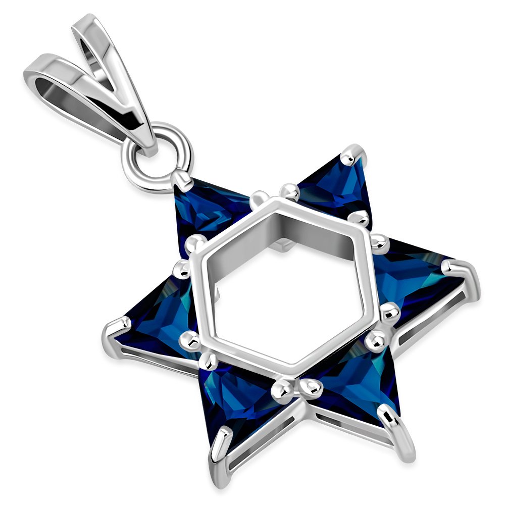 Blue Sapphire CZ Large Star David Silver Pendant LUNESCAPE