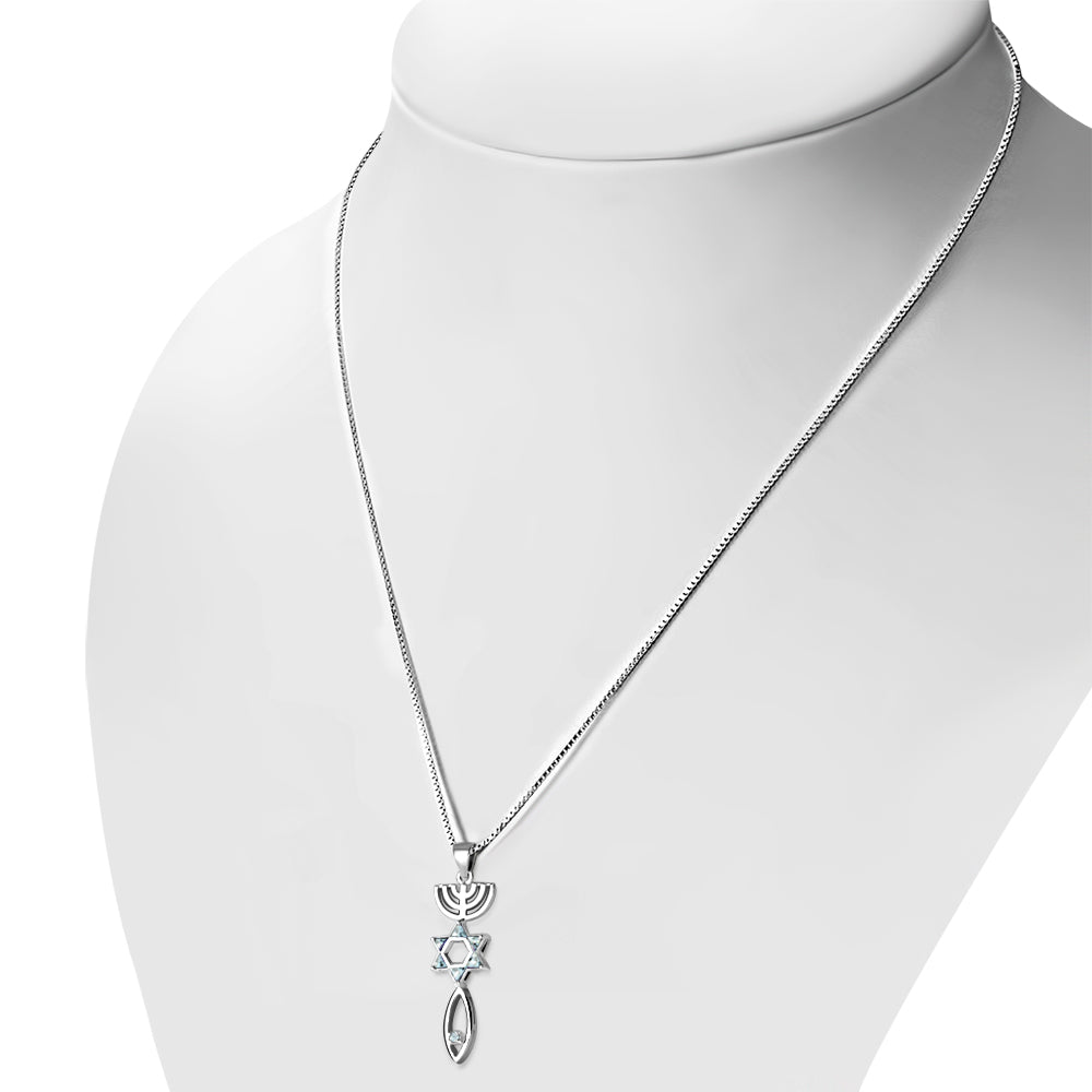 Blue Topaz CZ Messianic Seal of Jerusalem Silver Pendant LUNESCAPE