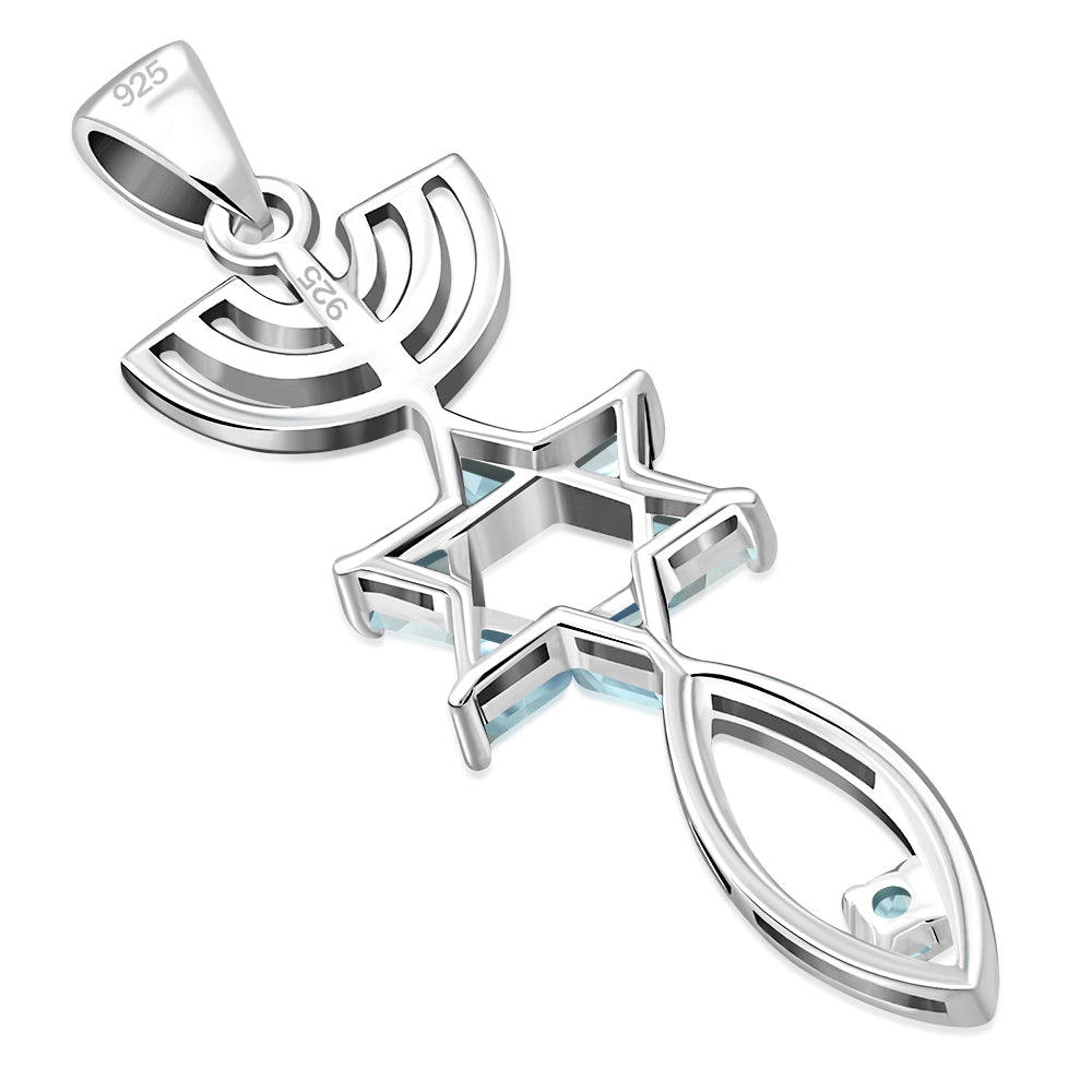 Blue Topaz CZ Messianic Seal of Jerusalem Silver Pendant