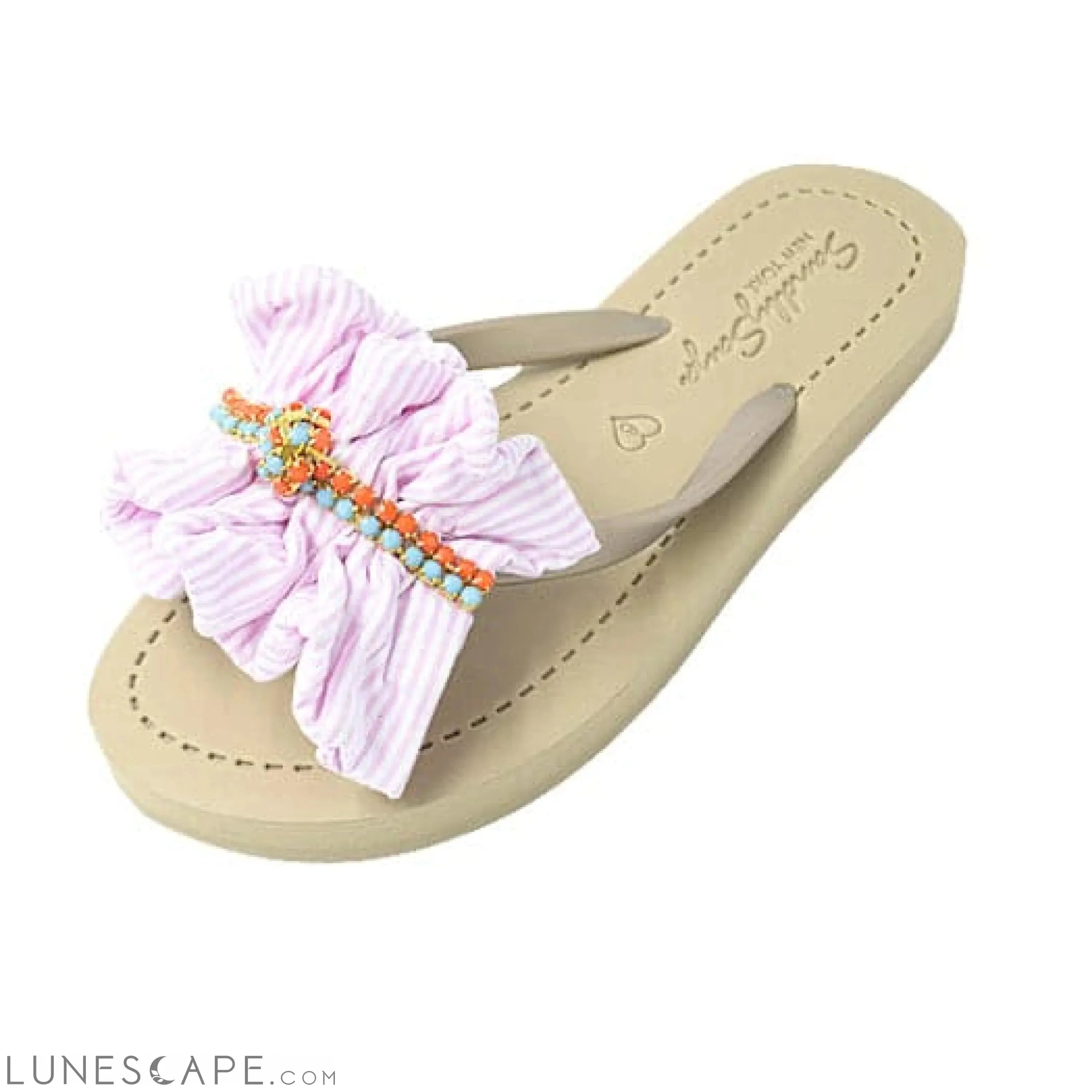 Pink Hudson Stripe Ruffle - Flat Flip Flops Sandal LUNESCAPE