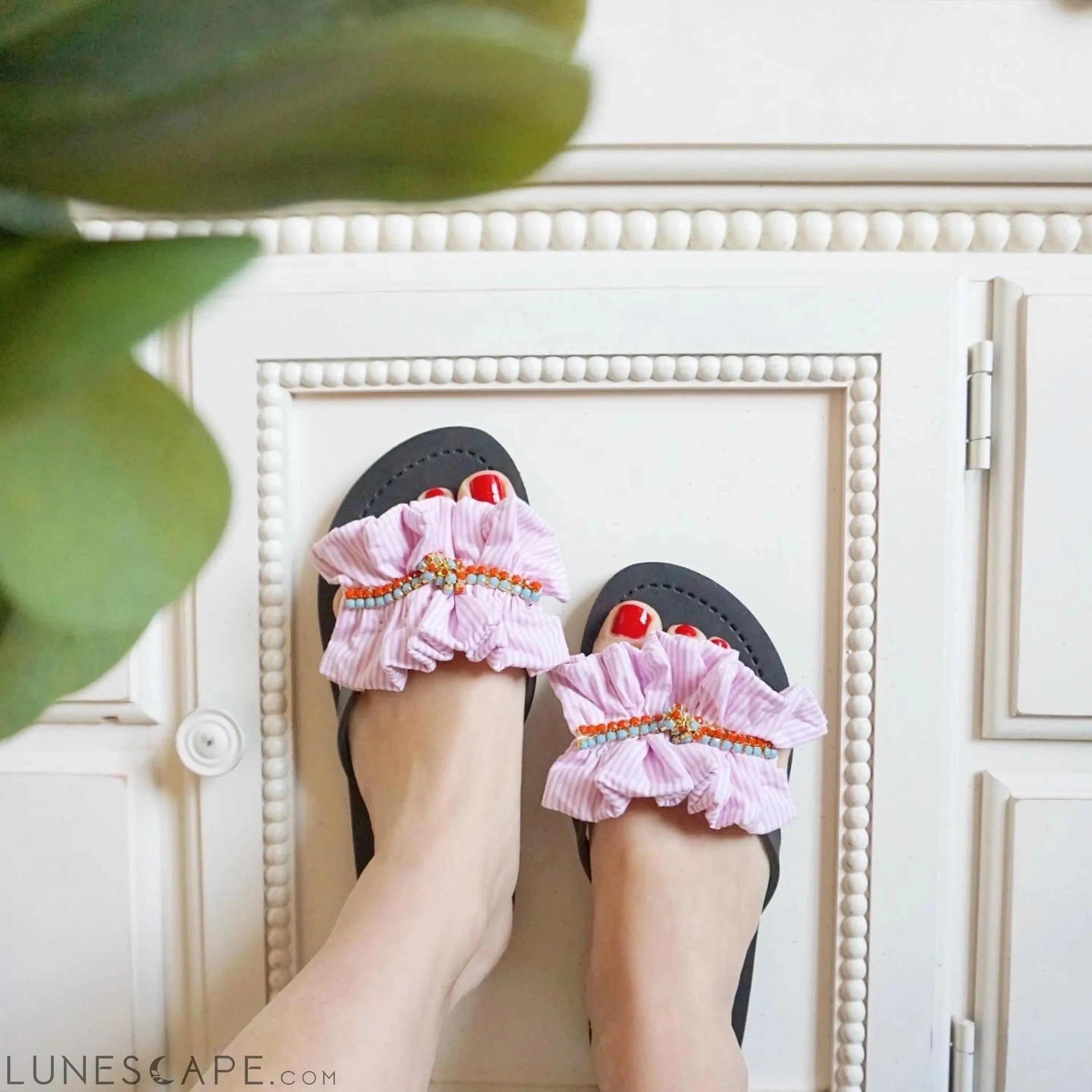 Pink Hudson Stripe Ruffle - Flat Flip Flops Sandal LUNESCAPE