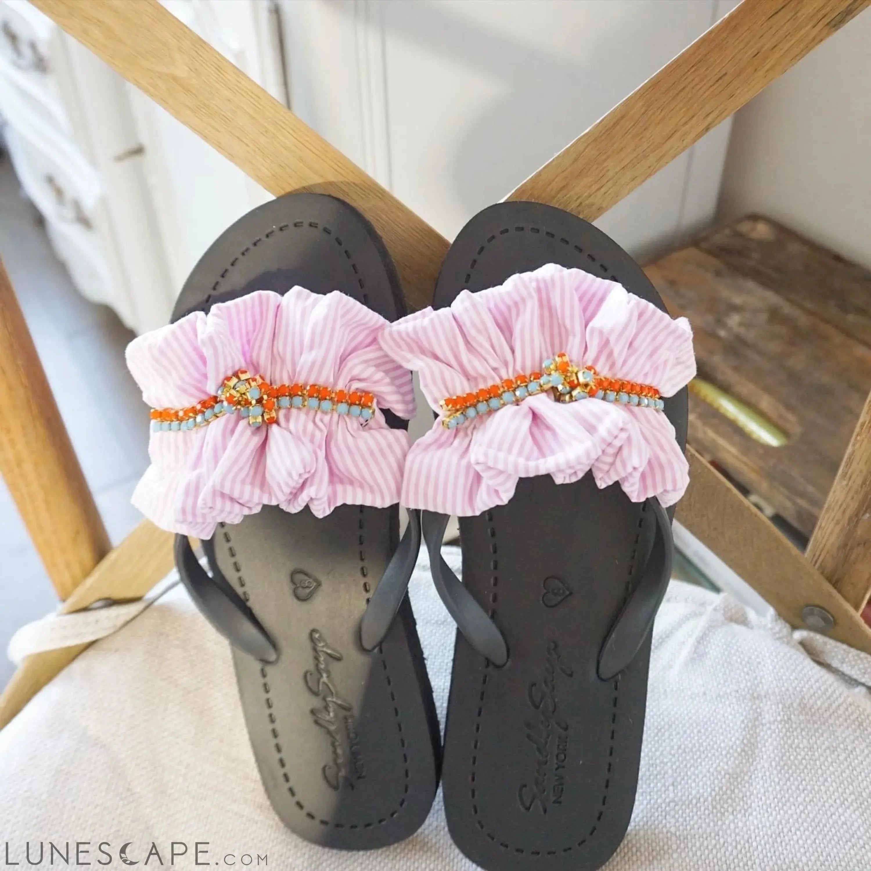 Pink Hudson Stripe Ruffle - Flat Flip Flops Sandal LUNESCAPE