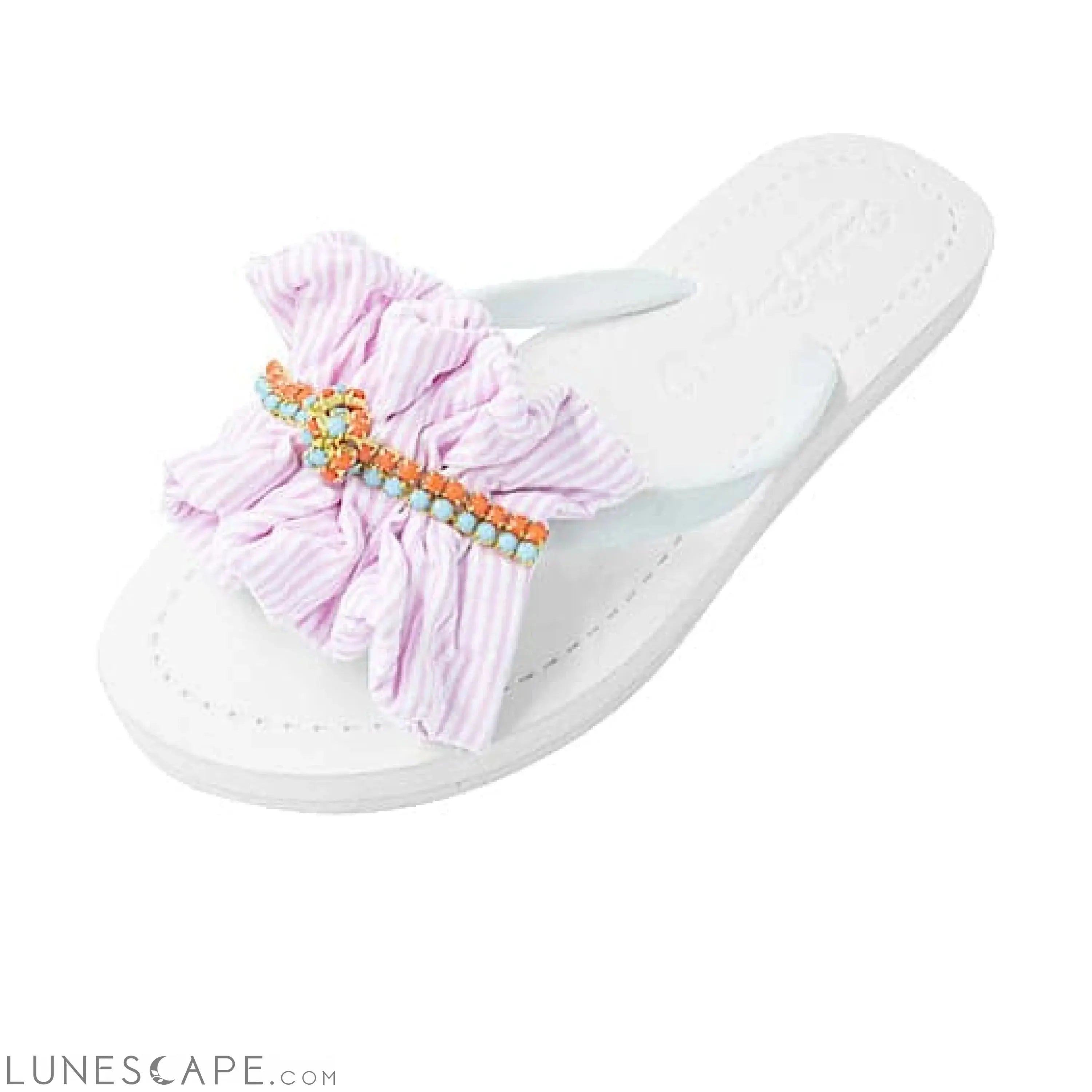 Pink Hudson Stripe Ruffle - Flat Flip Flops Sandal LUNESCAPE