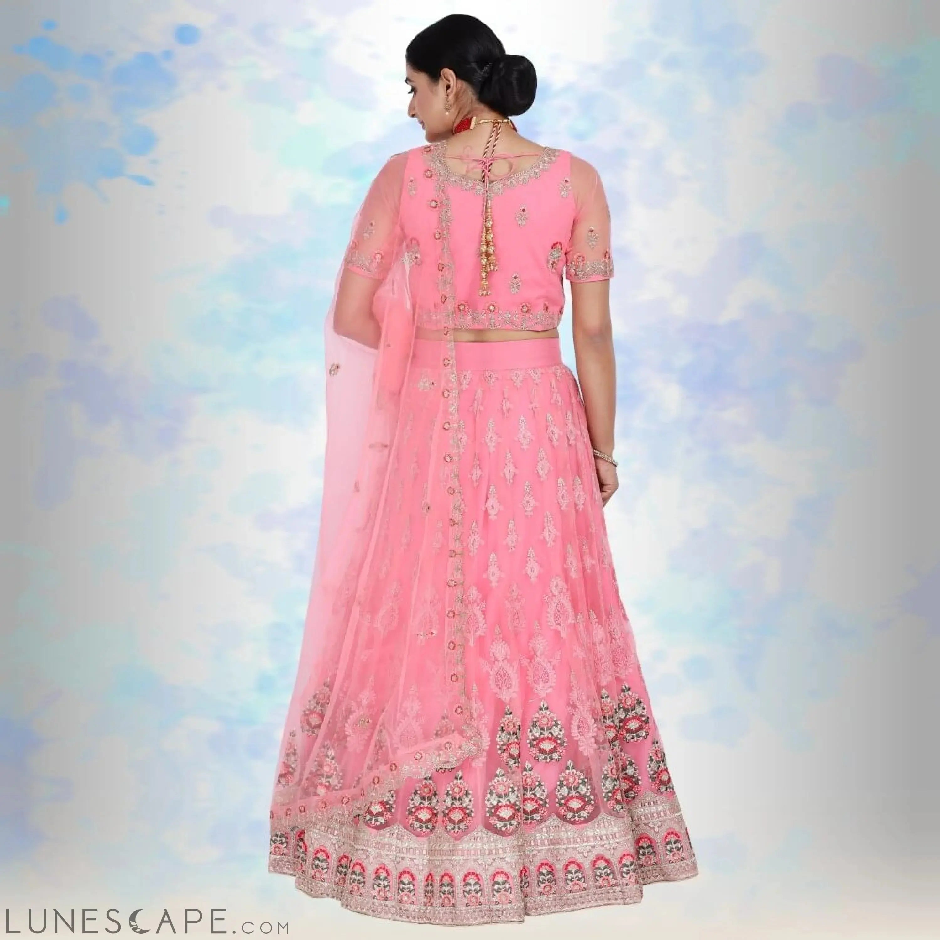 Pink Pure Net Lehenga Choli With Multicolor Embroidery LUNESCAPE