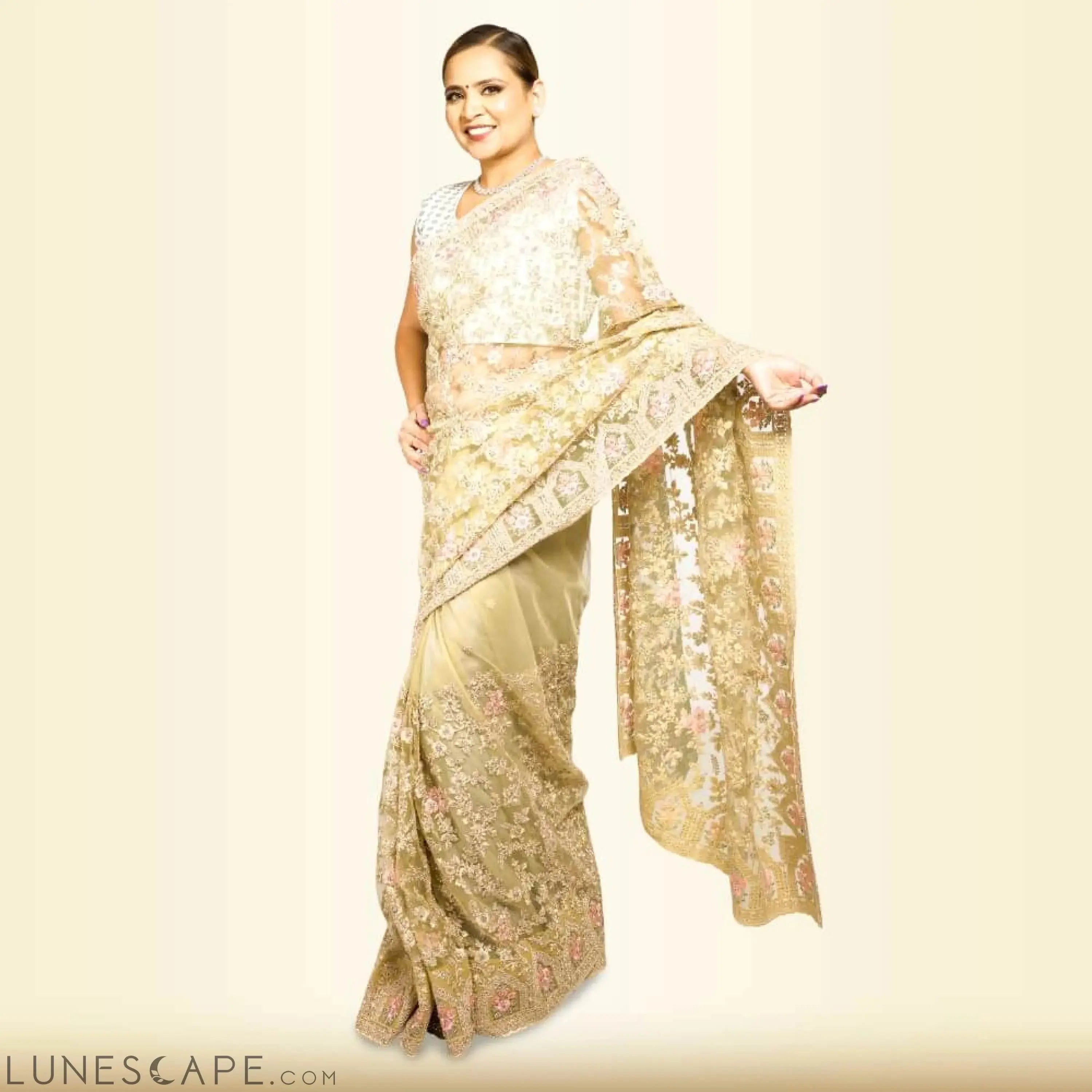 Pure Net Heavy Embroidered Wedding Saree - Biege LUNESCAPE