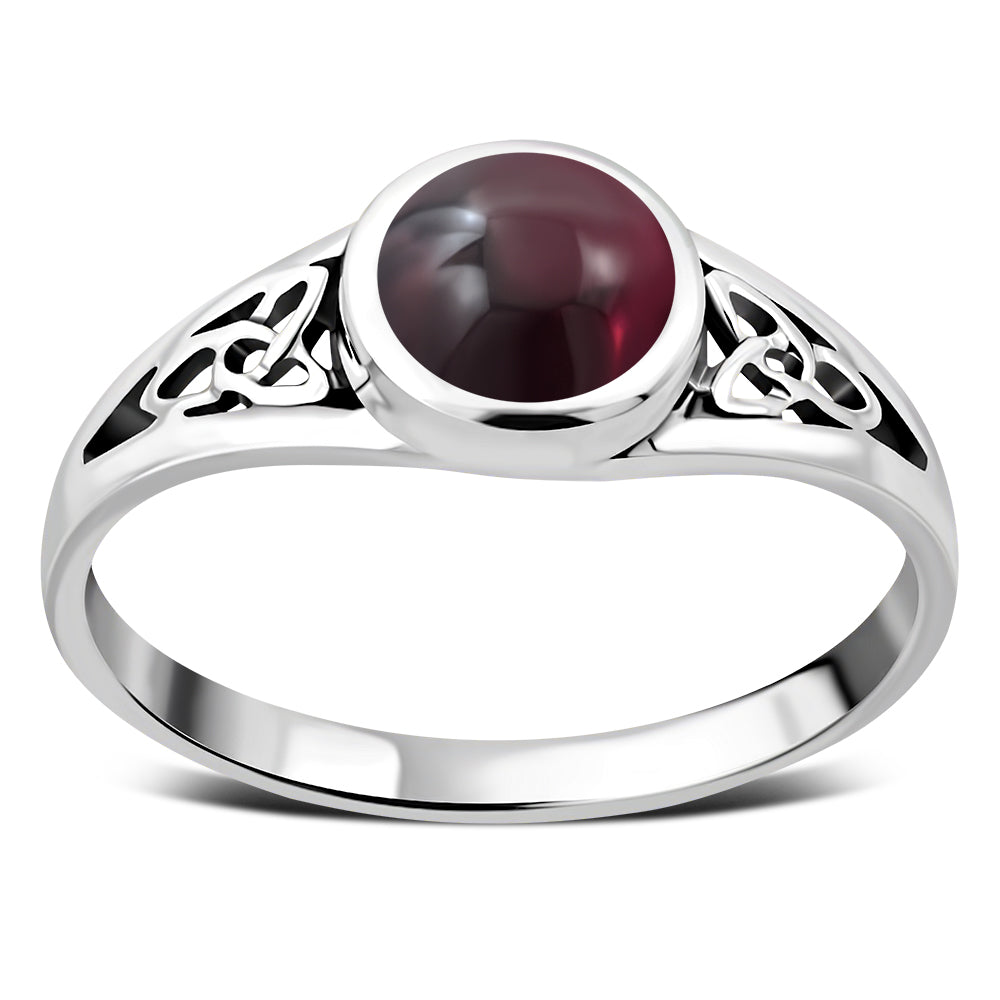 Garnet Stone Trinity Knot Silver Ring LUNESCAPE
