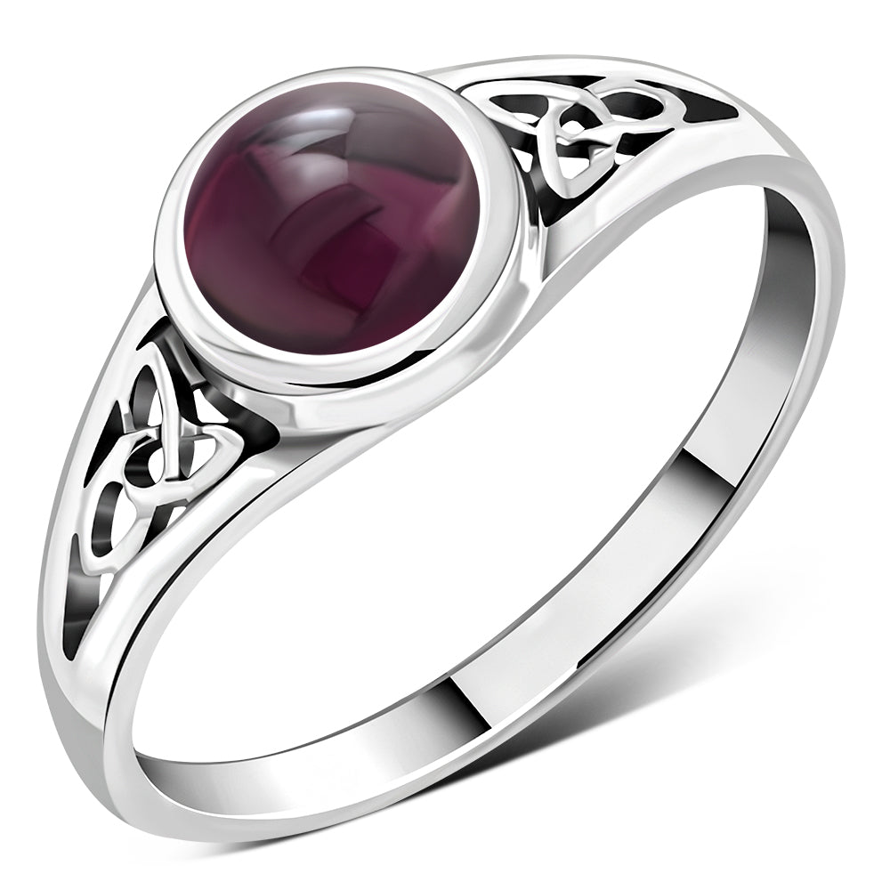 Garnet Stone Trinity Knot Silver Ring LUNESCAPE