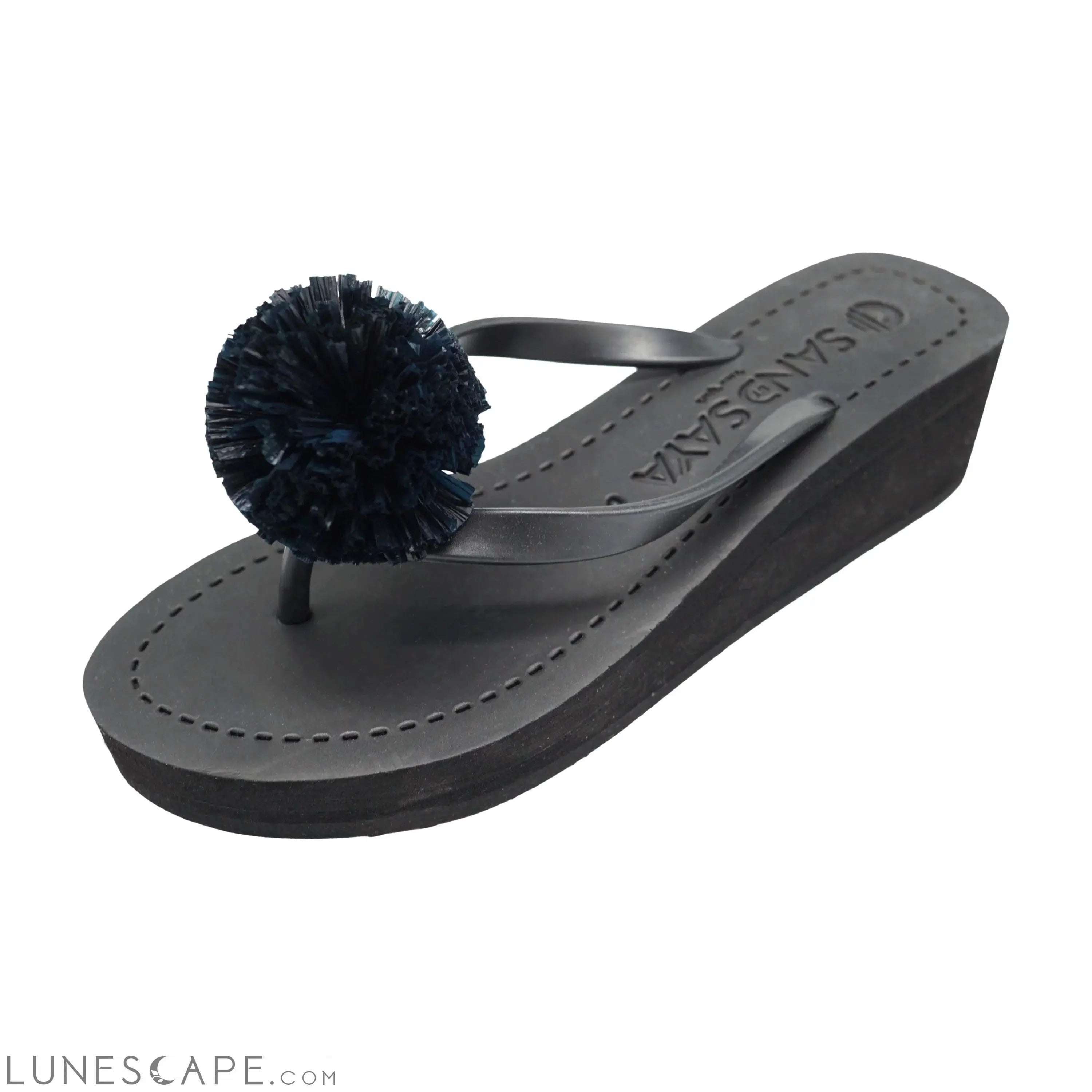 Raffia Pom Poms - Mid Wedge Flip Flops Sandals LUNESCAPE