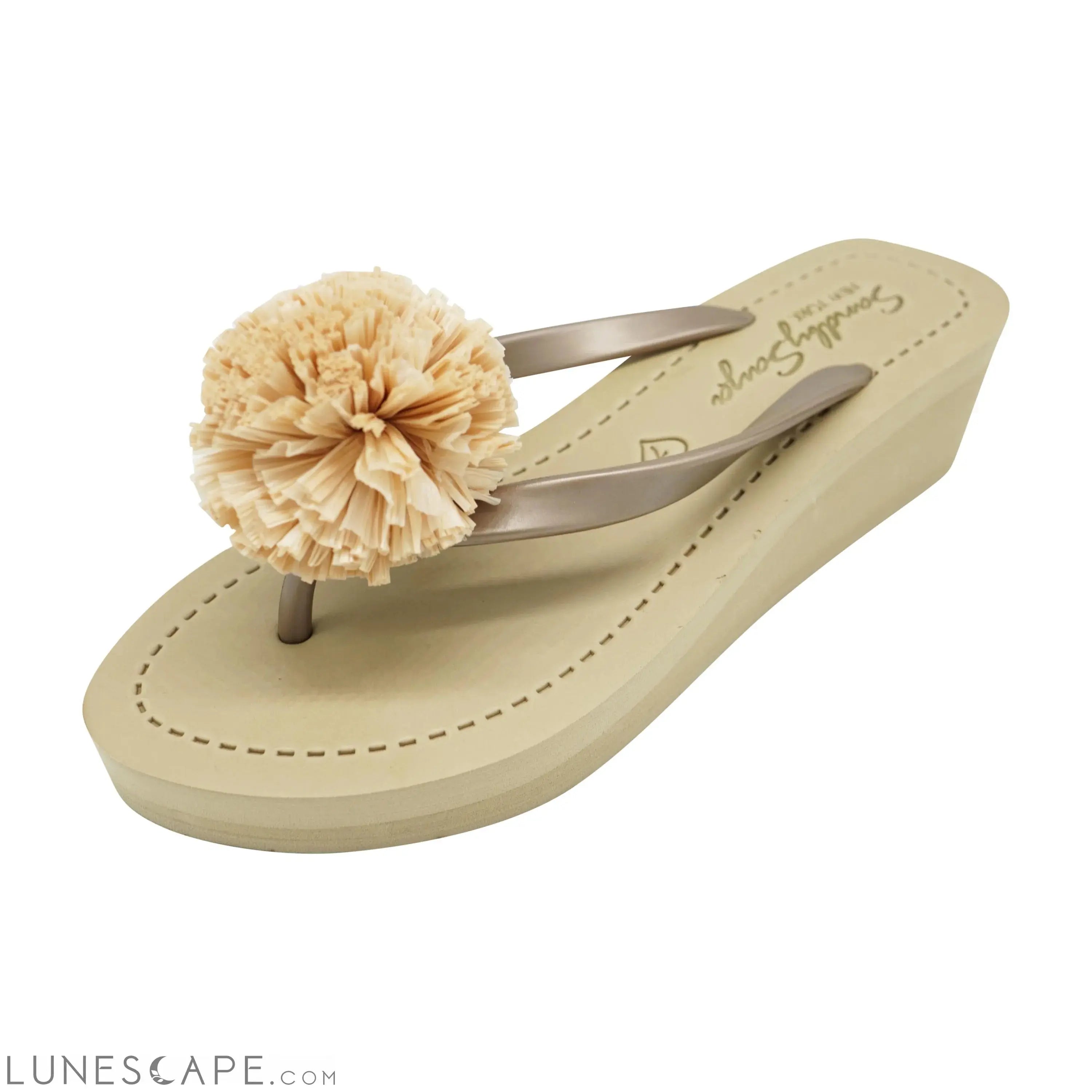 Raffia Pom Poms - Mid Wedge Flip Flops Sandals LUNESCAPE