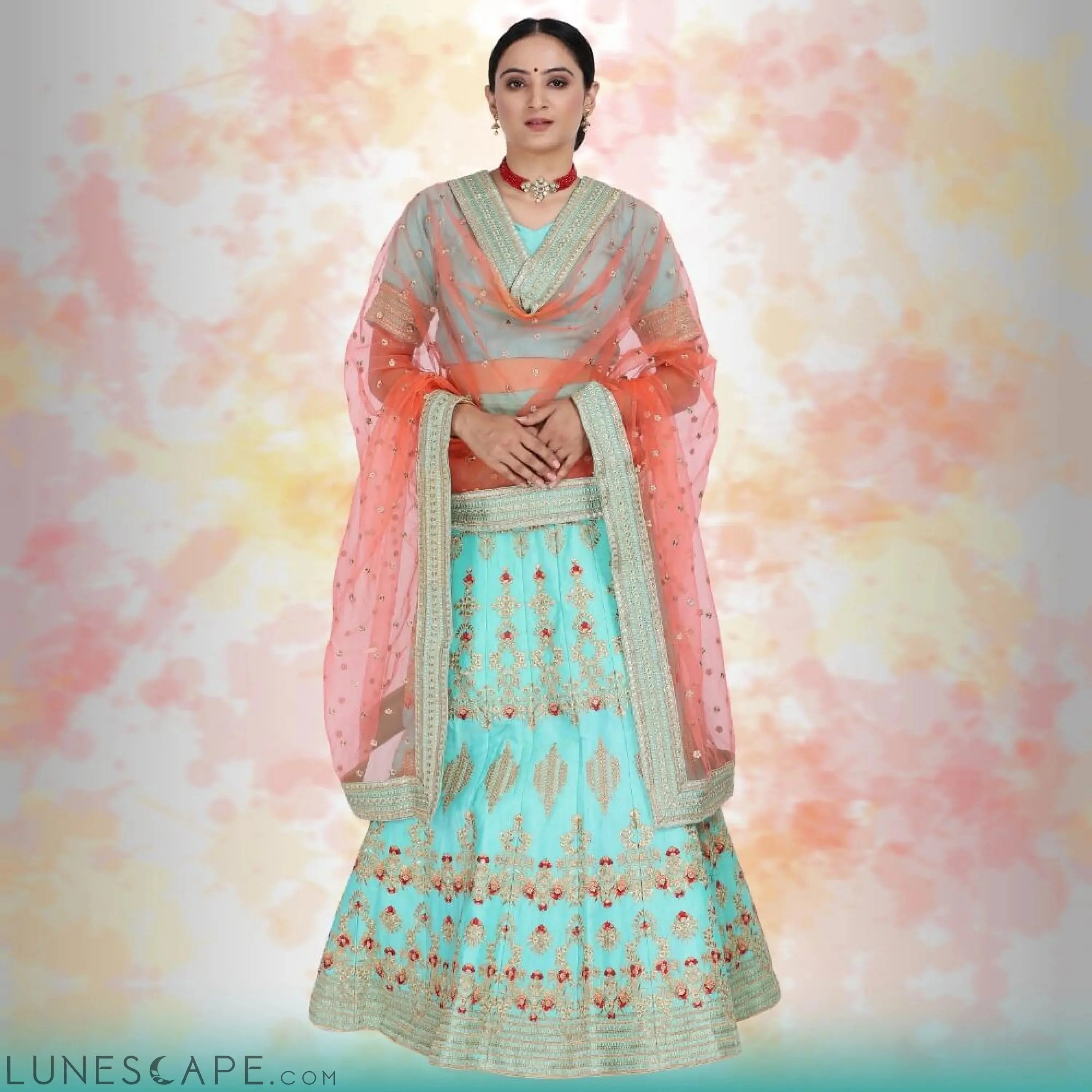 Raw Silk Lehenga Choli - Blue LUNESCAPE