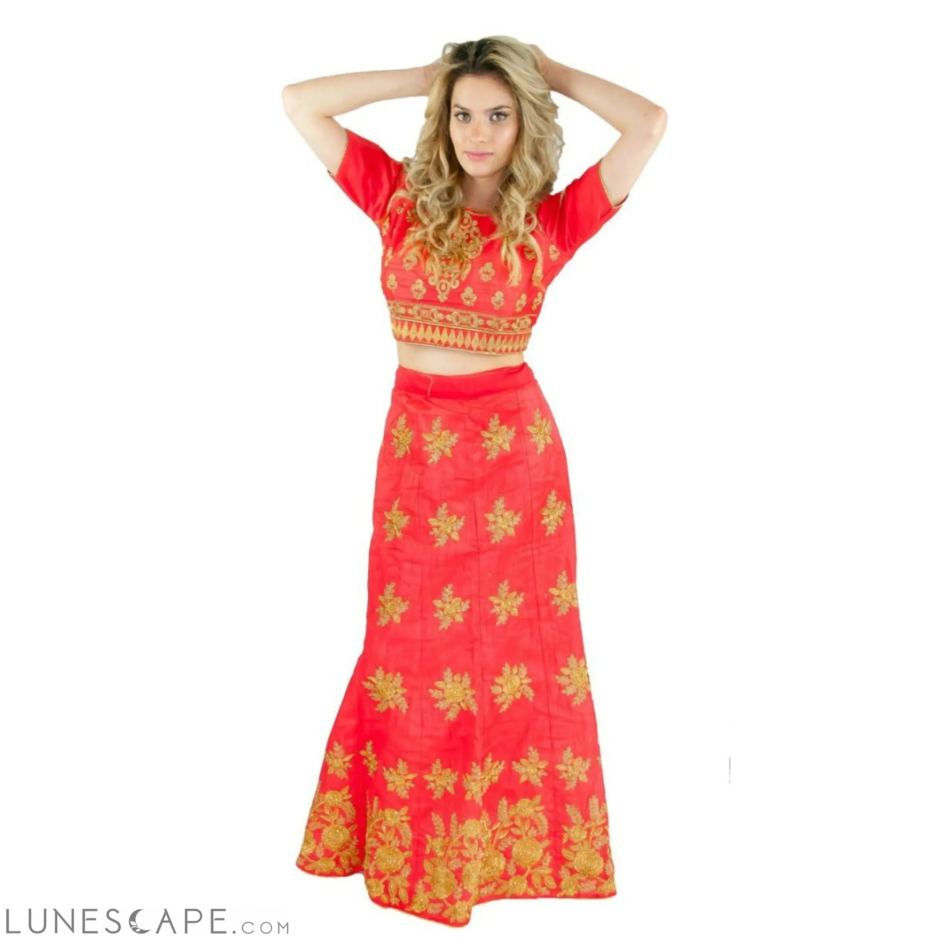 Red and Gold Party Lehenga in Silk LUNESCAPE