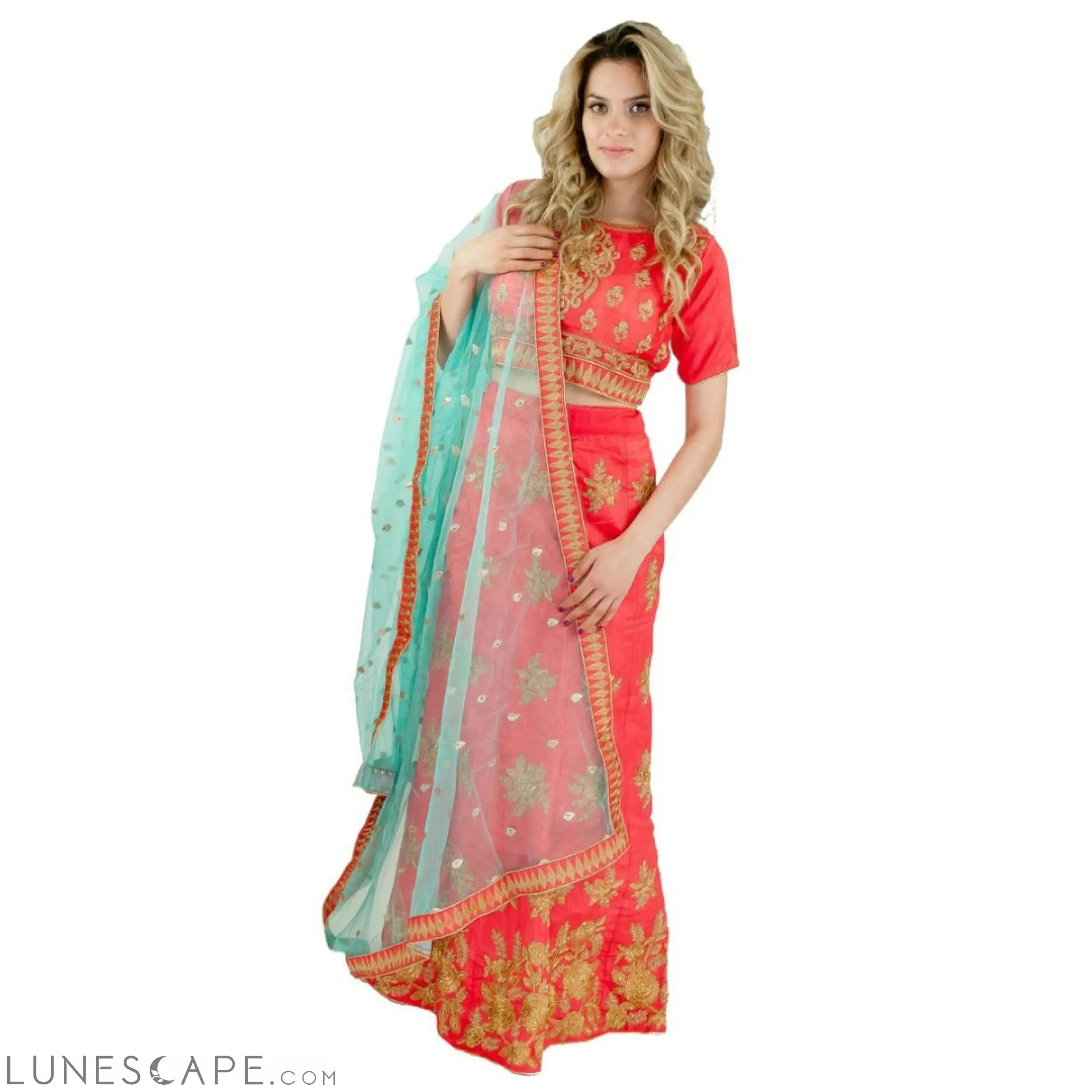 Red and Gold Party Lehenga in Silk LUNESCAPE