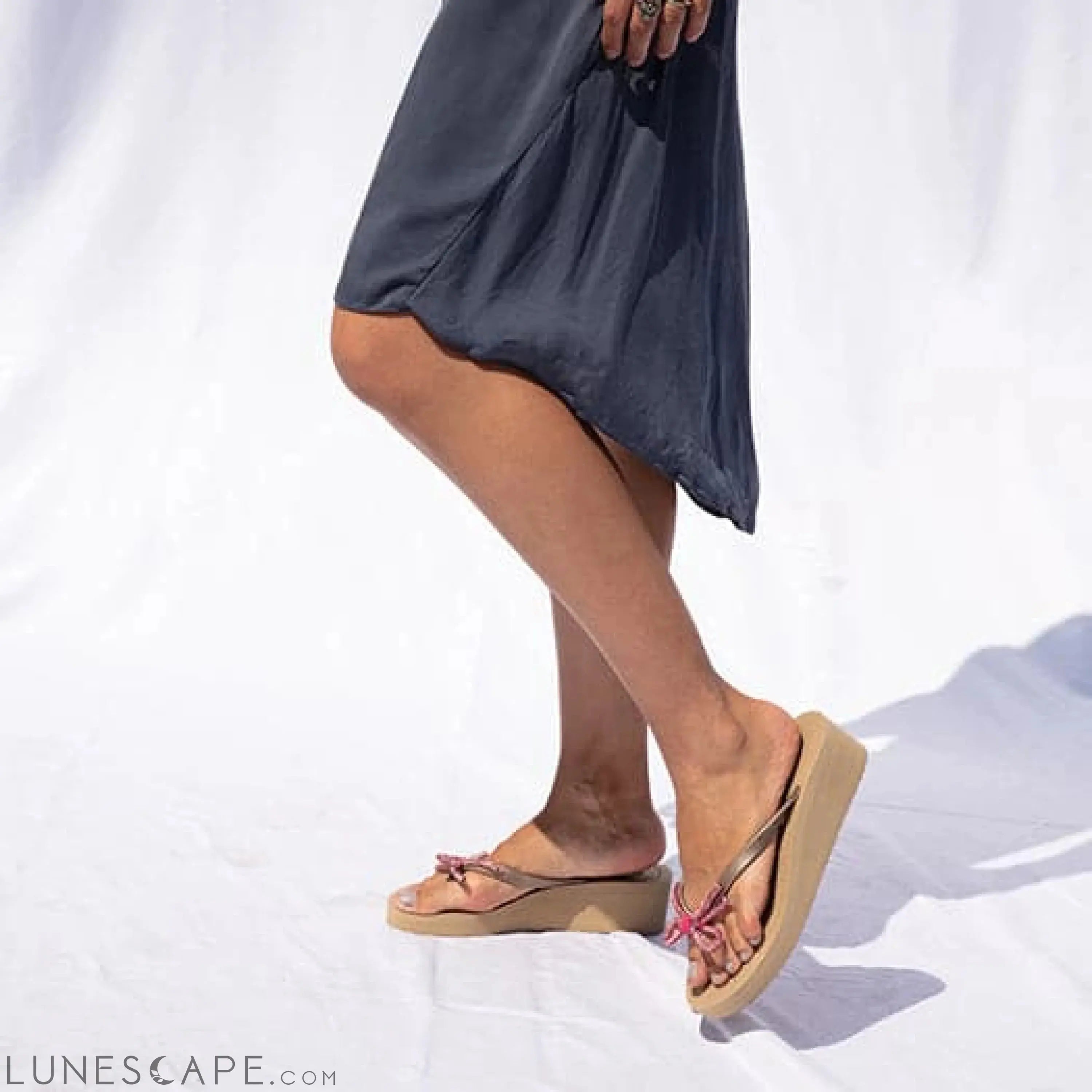 Rhinestone Pink Bow - Mid Wedge Flip Flops LUNESCAPE