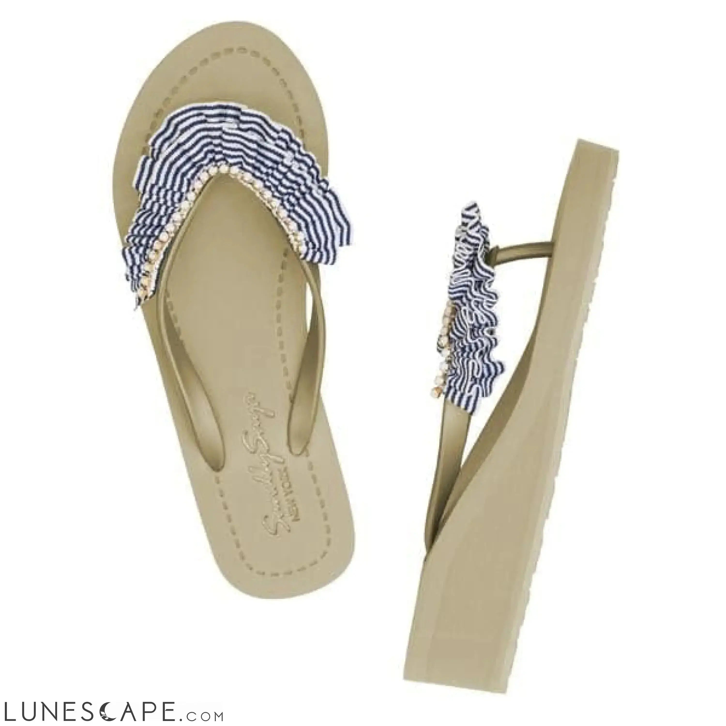 Rockaway Stripe - Rhinestone & Ruffle Mid Wedge Flip Flops LUNESCAPE