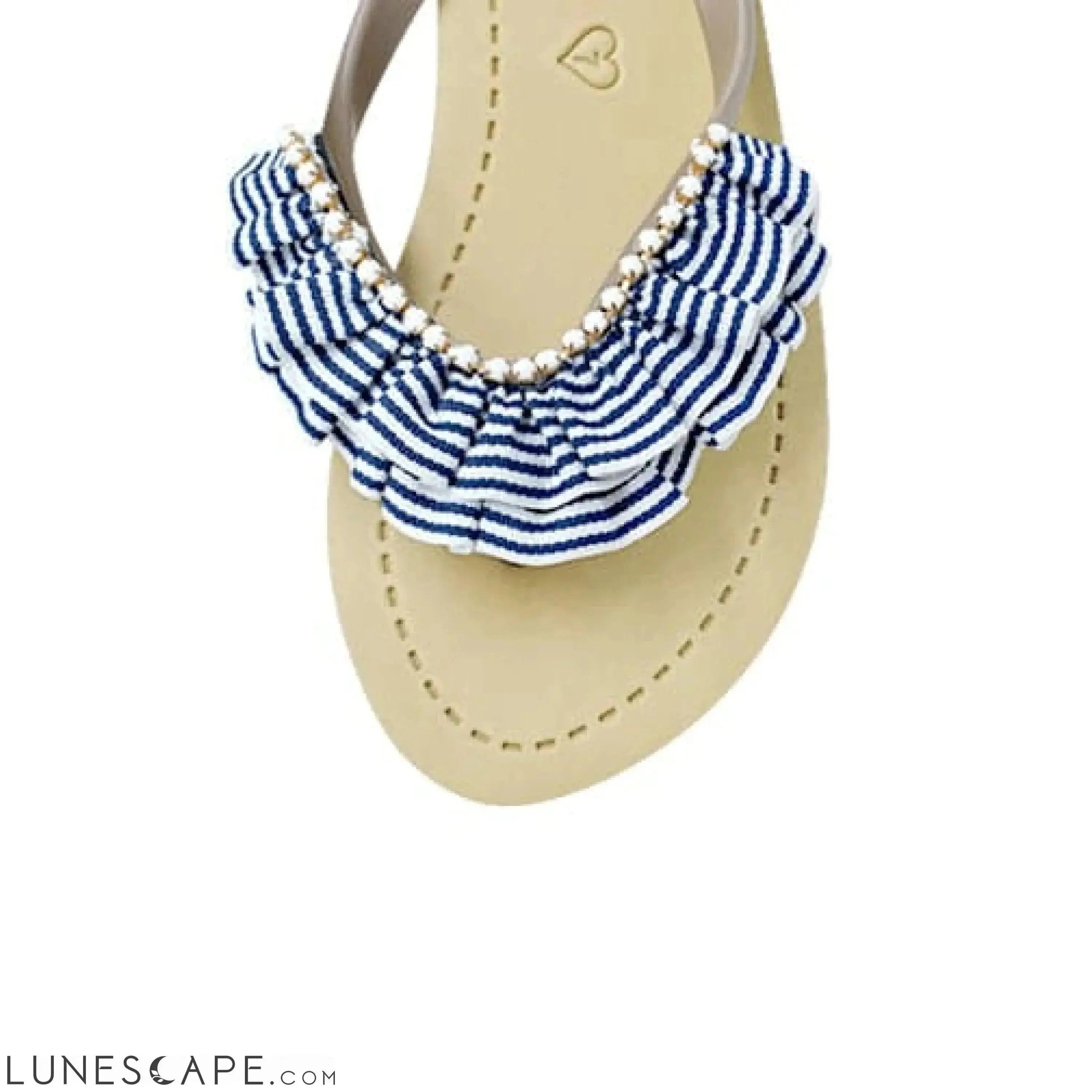 Rockaway Stripe - Rhinestone & Ruffle Mid Wedge Flip Flops LUNESCAPE