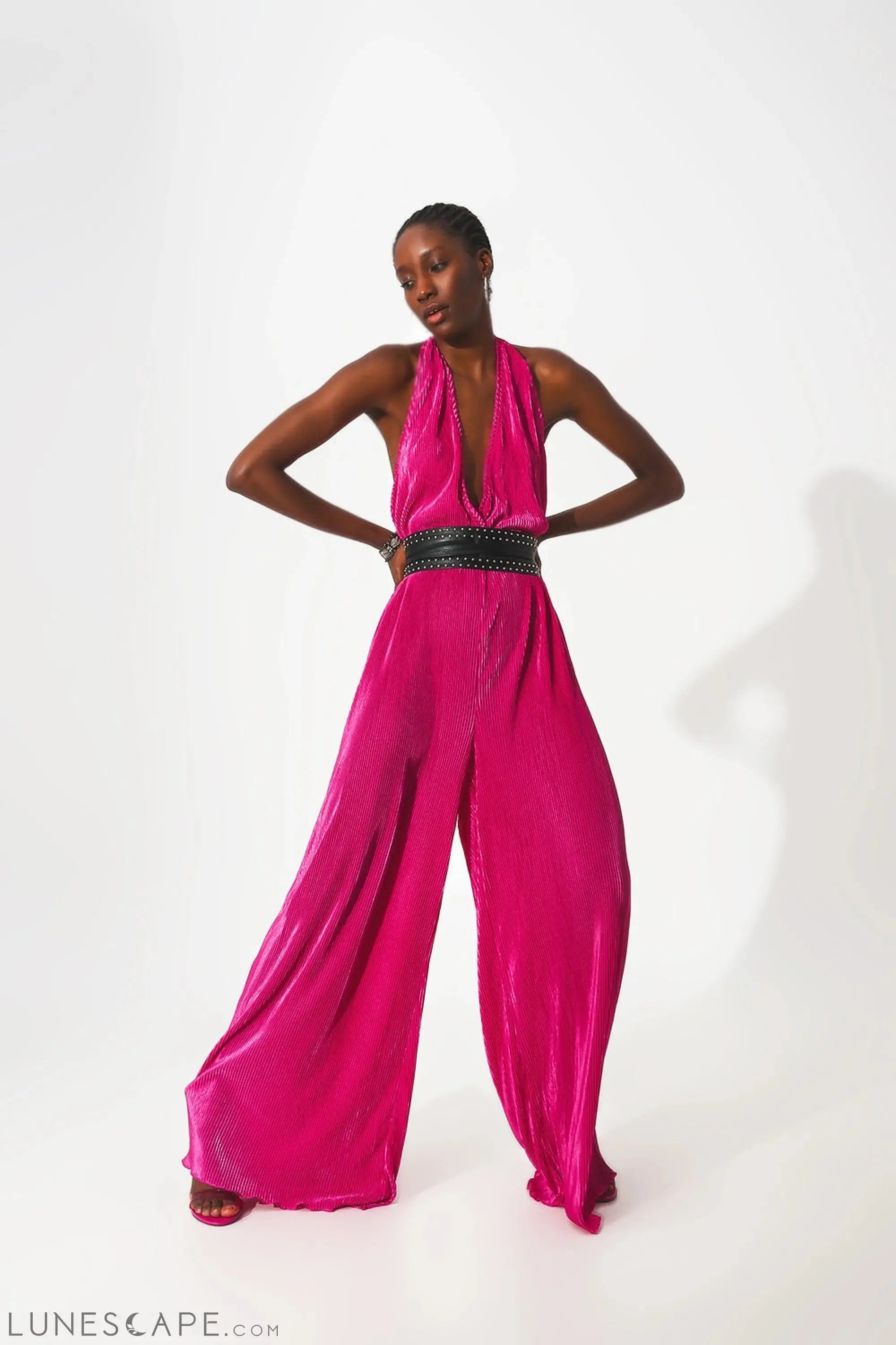 Satin Halter Neck Pleated Maxi Jumpsuit in Fuchsia LUNESCAPE