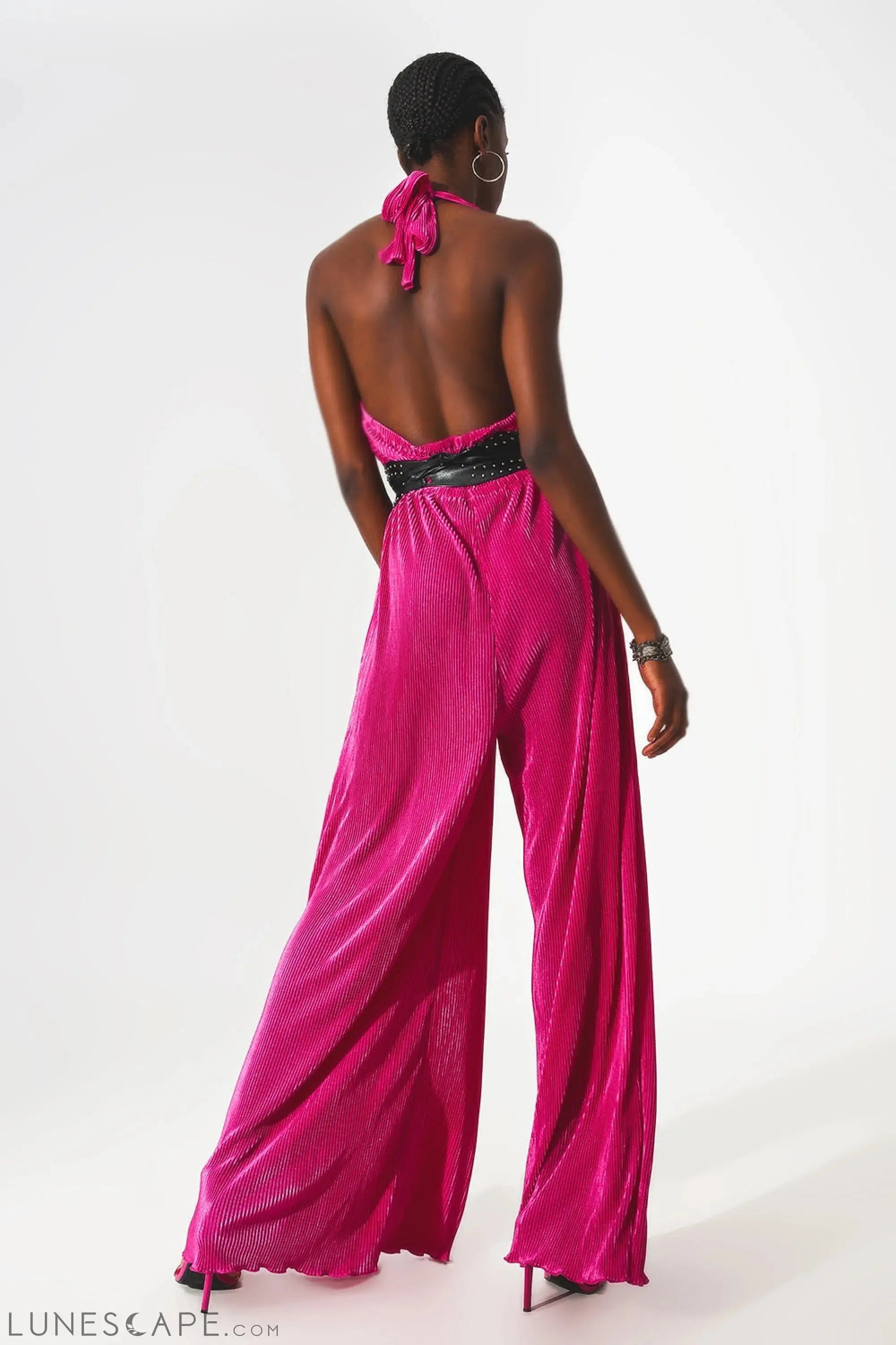 Satin Halter Neck Pleated Maxi Jumpsuit in Fuchsia LUNESCAPE