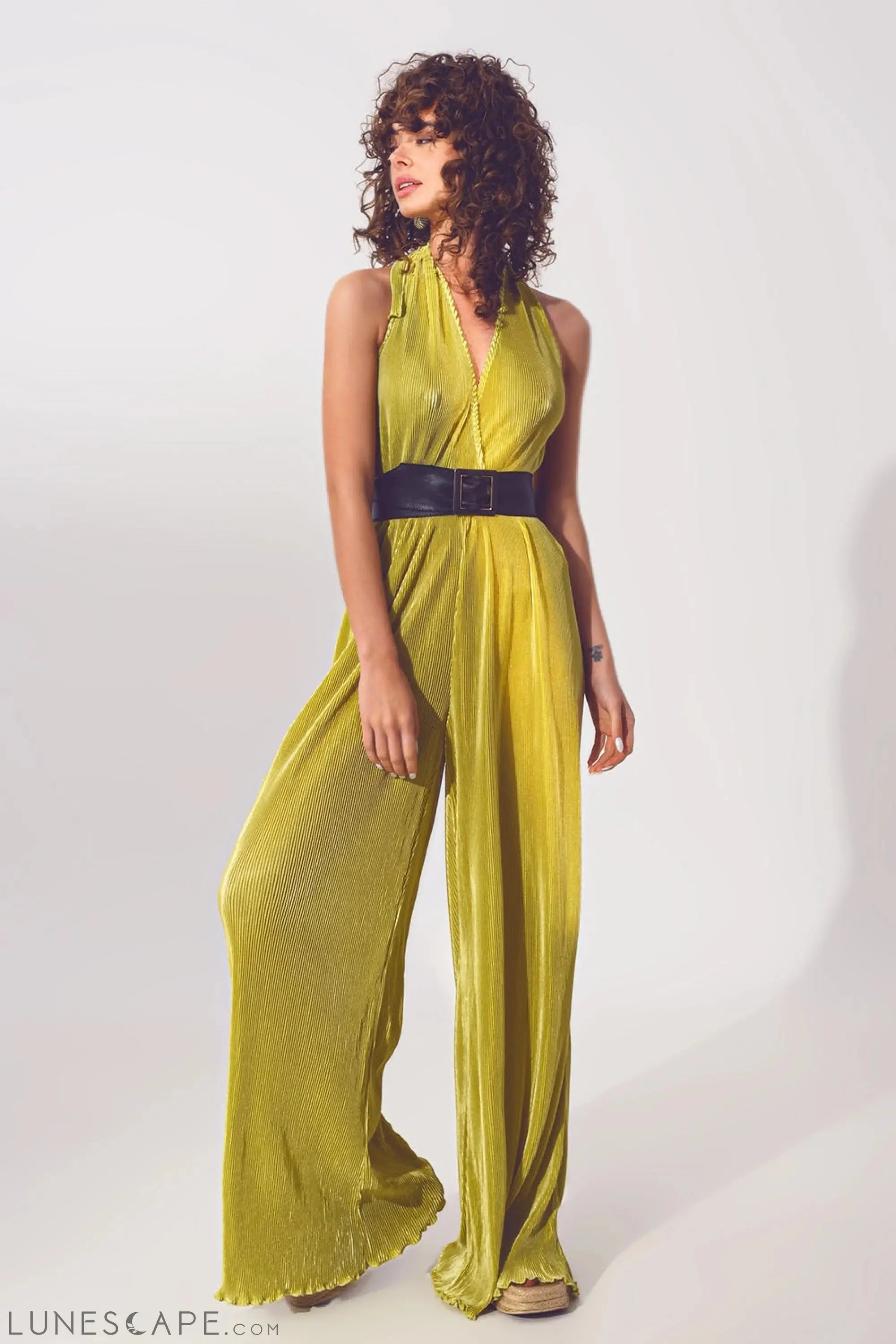 Satin Halter Neck Pleated Maxi Jumpsuit in Green LUNESCAPE