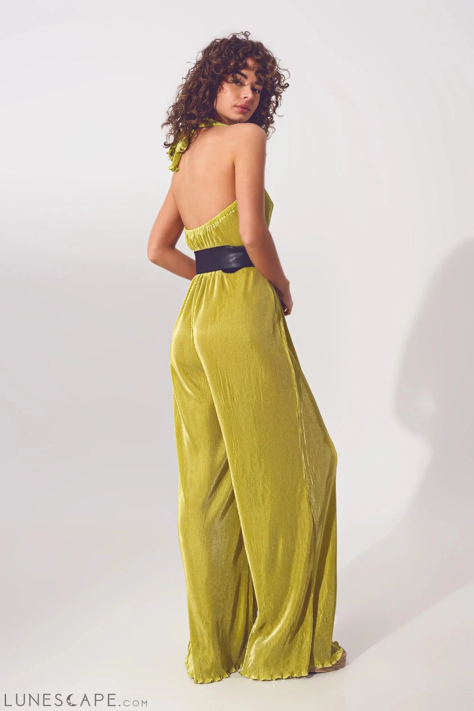 Satin Halter Neck Pleated Maxi Jumpsuit in Green LUNESCAPE