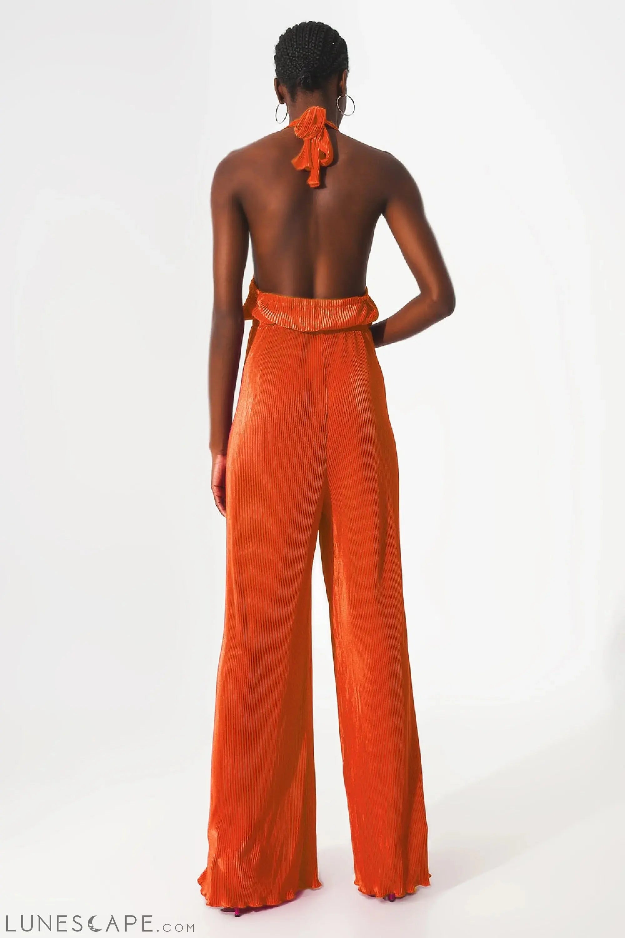 Satin Halter Neck Pleated Maxi Jumpsuit in Orange LUNESCAPE