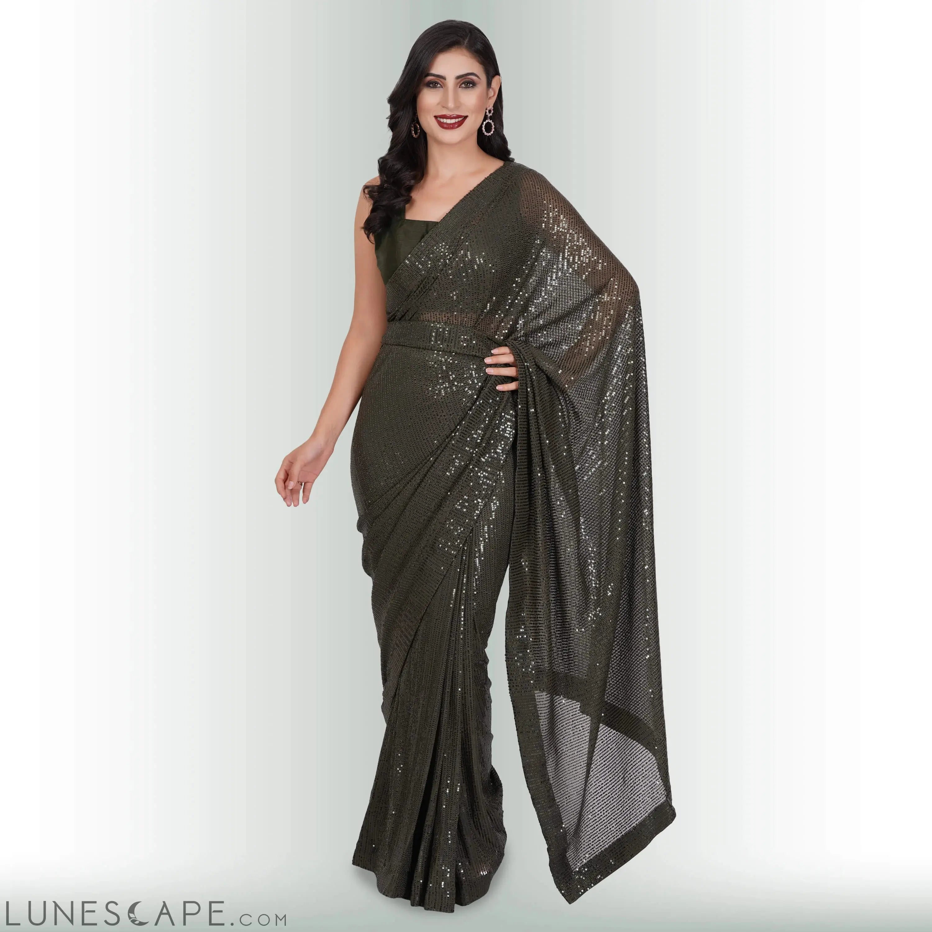 Sequin ReadyMade Saree - Moss LUNESCAPE
