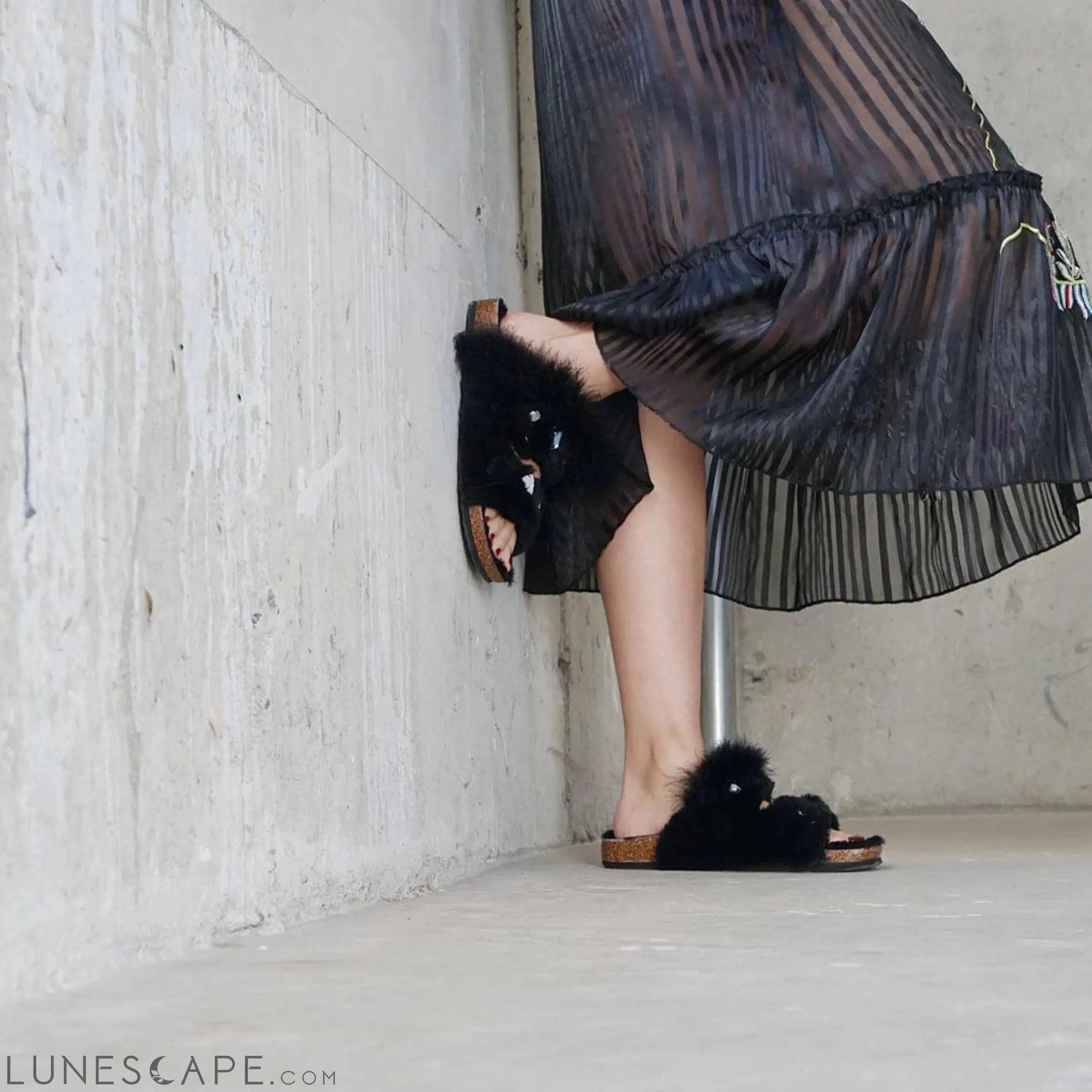 Shearling Fur Slide With Feather and Rhinestones - Black Flat Sandals LUNESCAPE