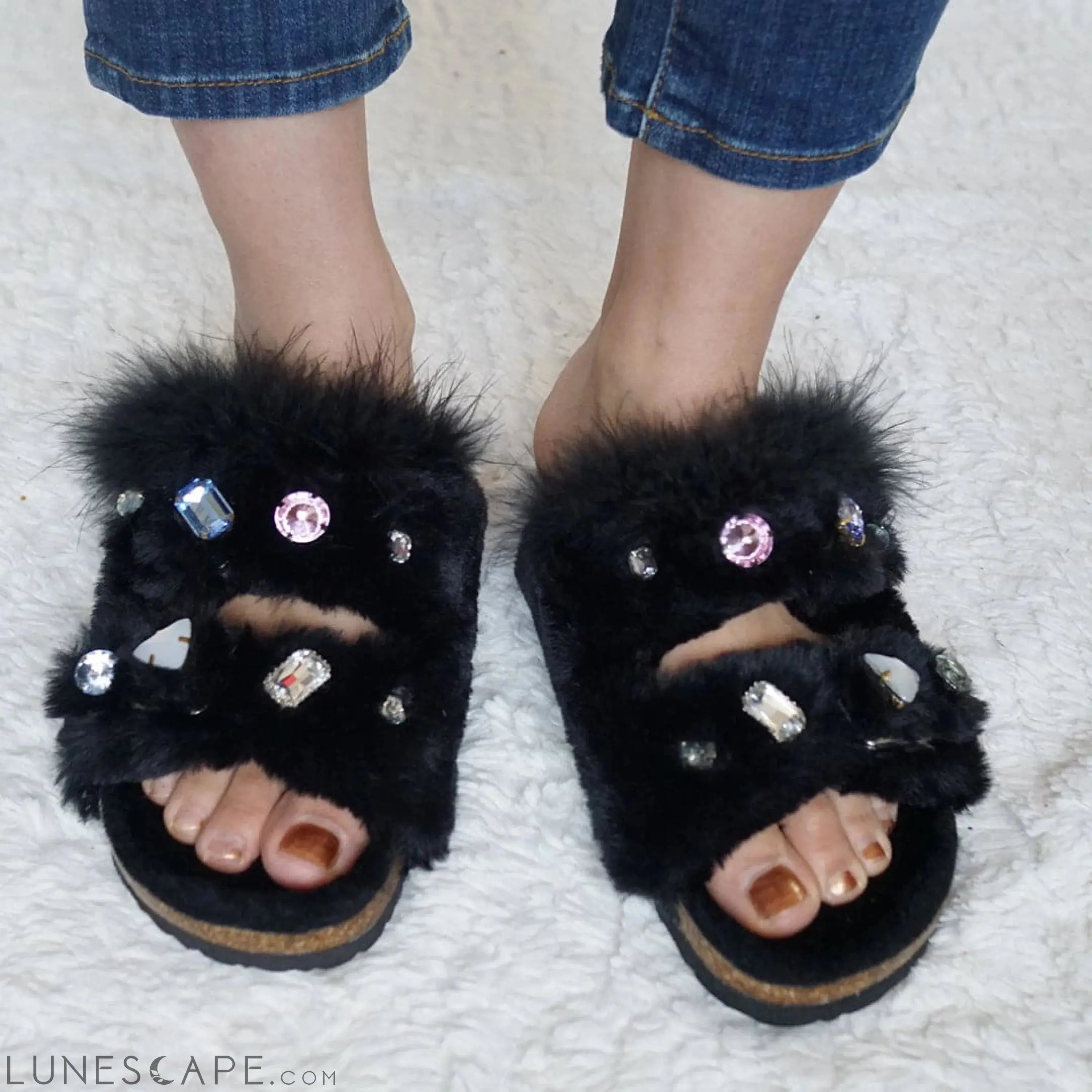 Shearling Fur Slide With Feather and Rhinestones - Black Flat Sandals LUNESCAPE