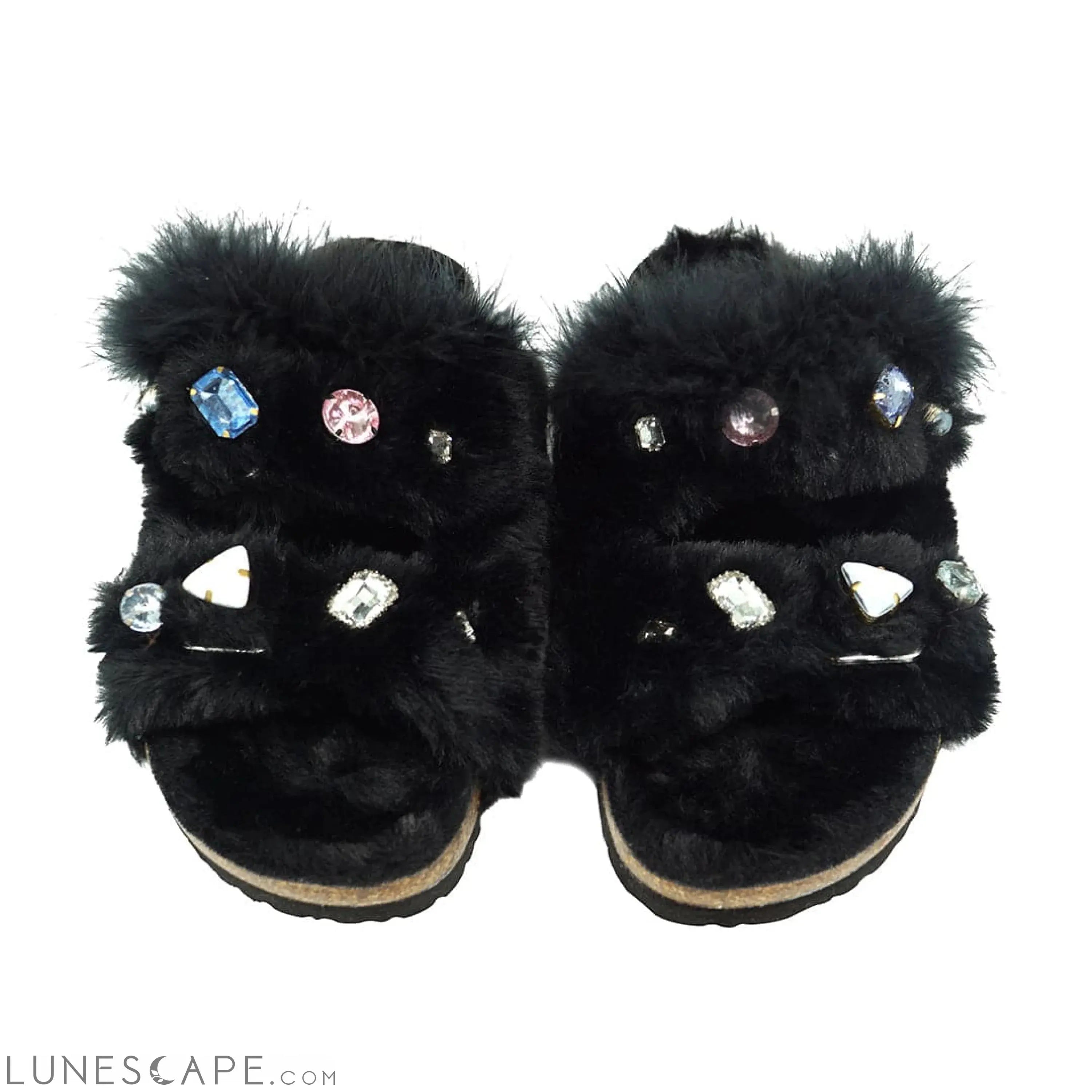 Shearling Fur Slide With Feather and Rhinestones - Black Flat Sandals LUNESCAPE
