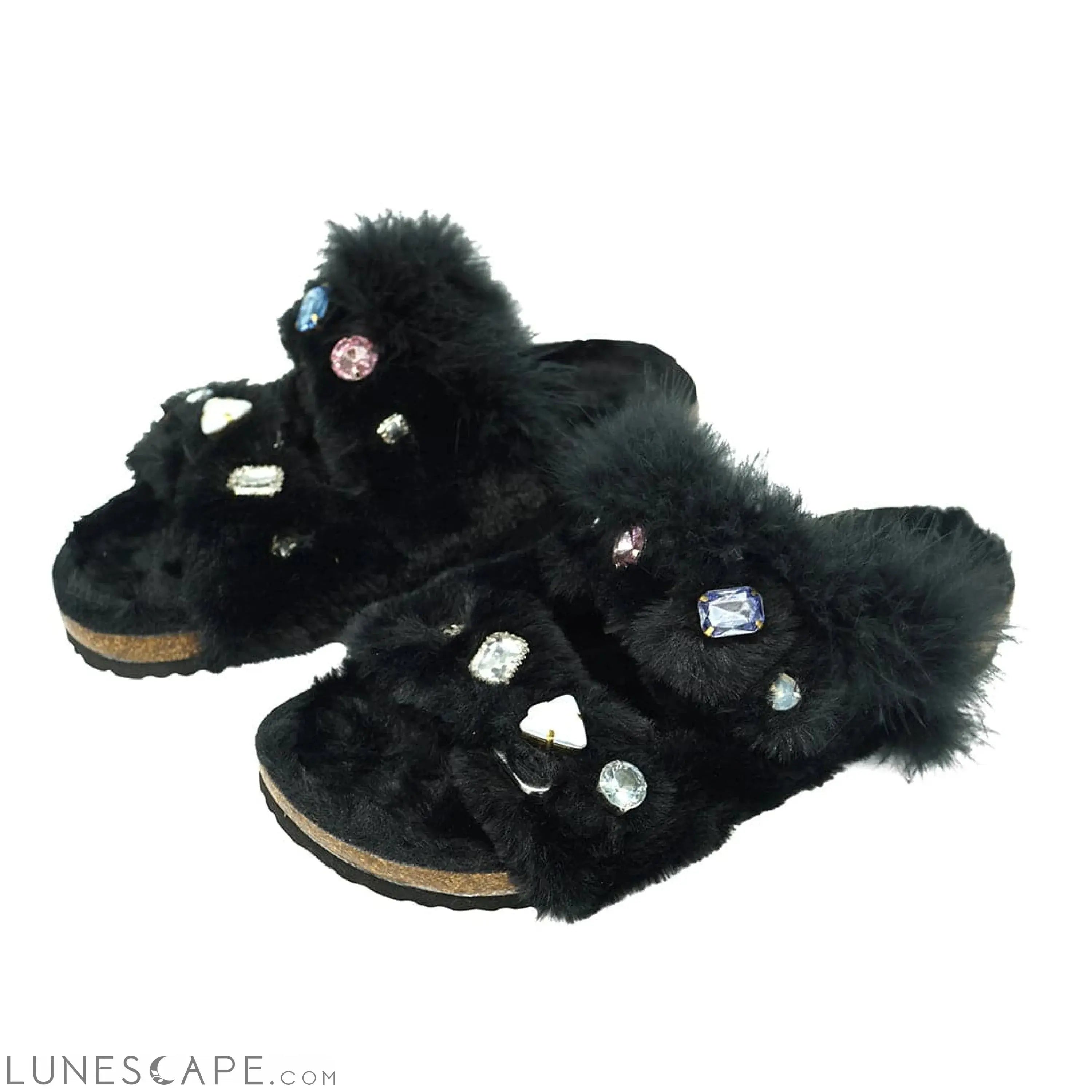Shearling Fur Slide With Feather and Rhinestones - Black Flat Sandals LUNESCAPE