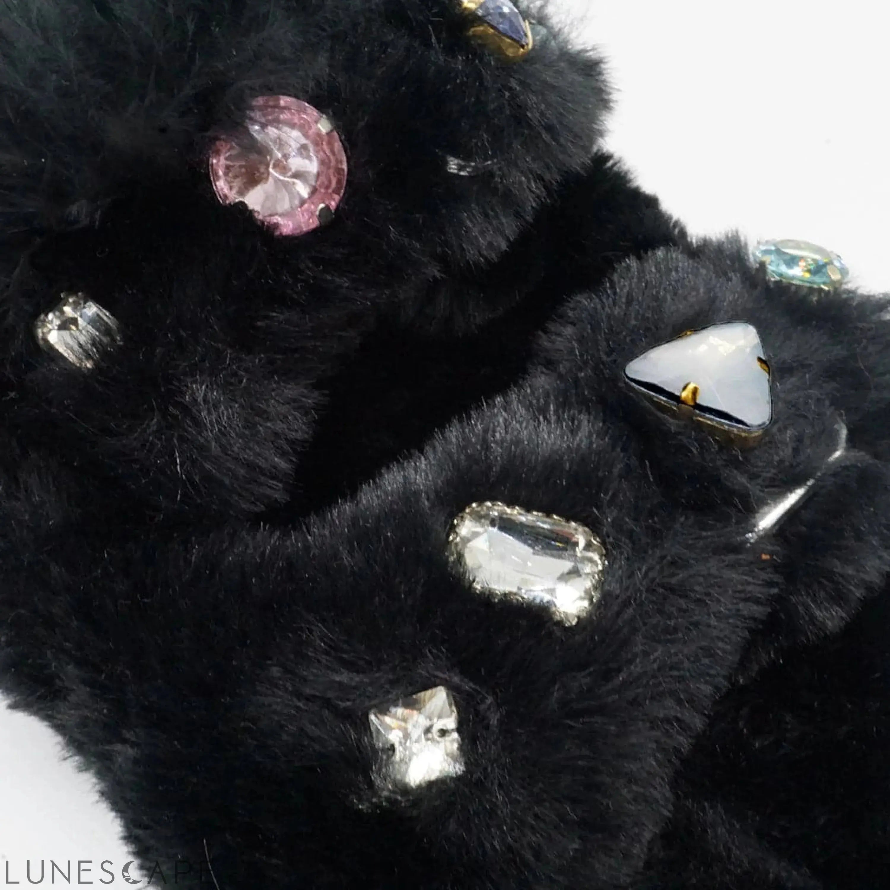 Shearling Fur Slide With Feather and Rhinestones - Black Flat Sandals LUNESCAPE
