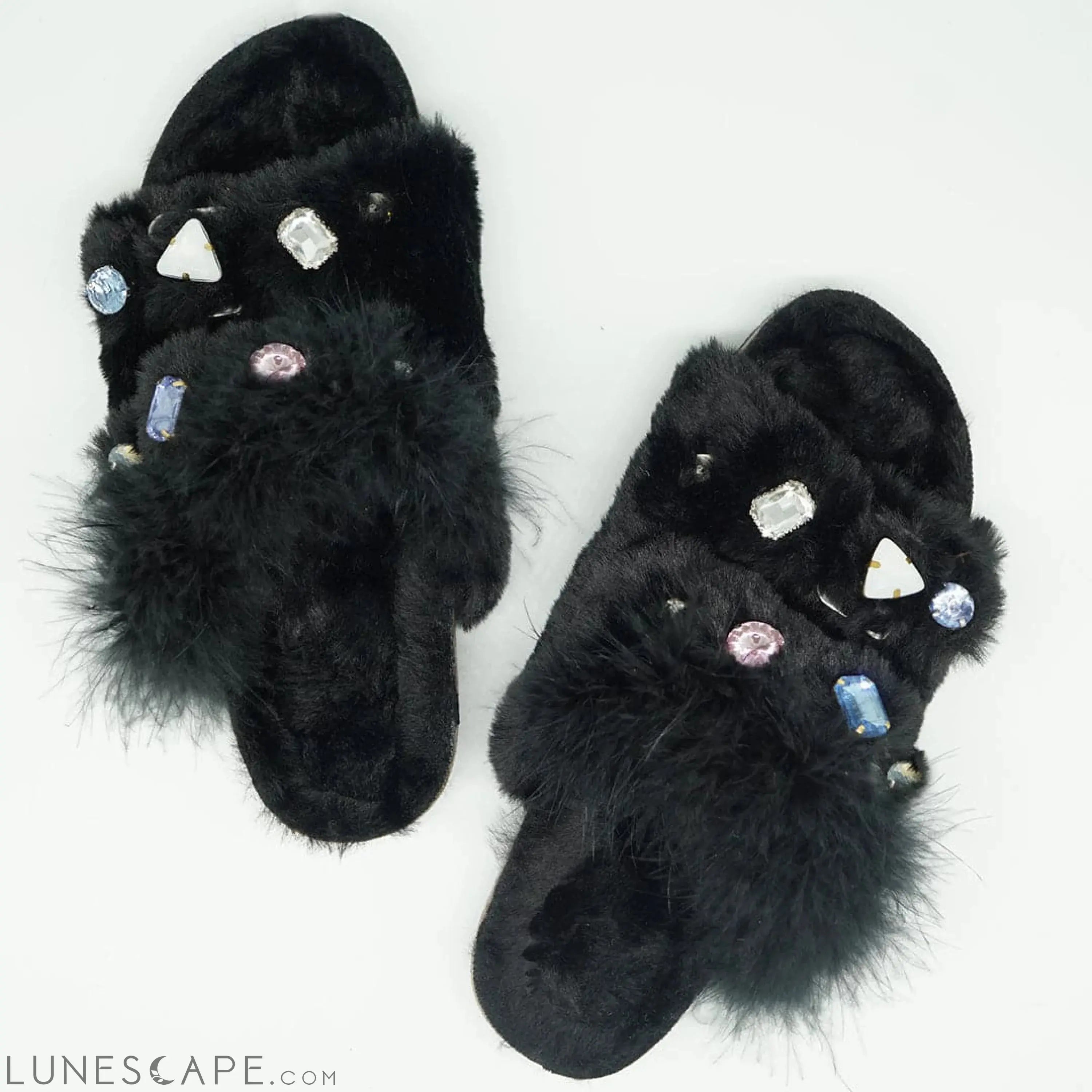 Shearling Fur Slide With Feather and Rhinestones - Black Flat Sandals LUNESCAPE
