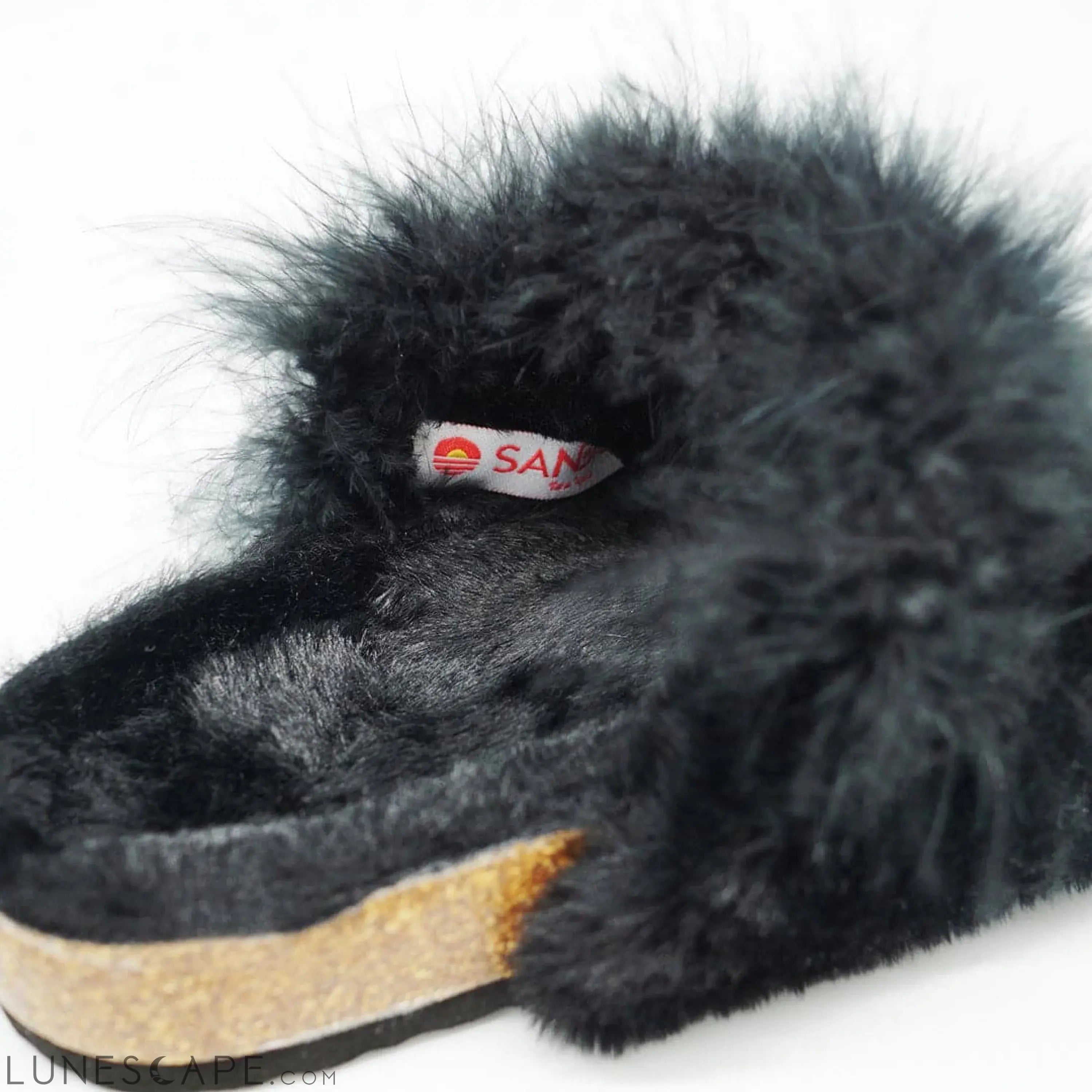 Shearling Fur Slide With Feather and Rhinestones - Black Flat Sandals LUNESCAPE