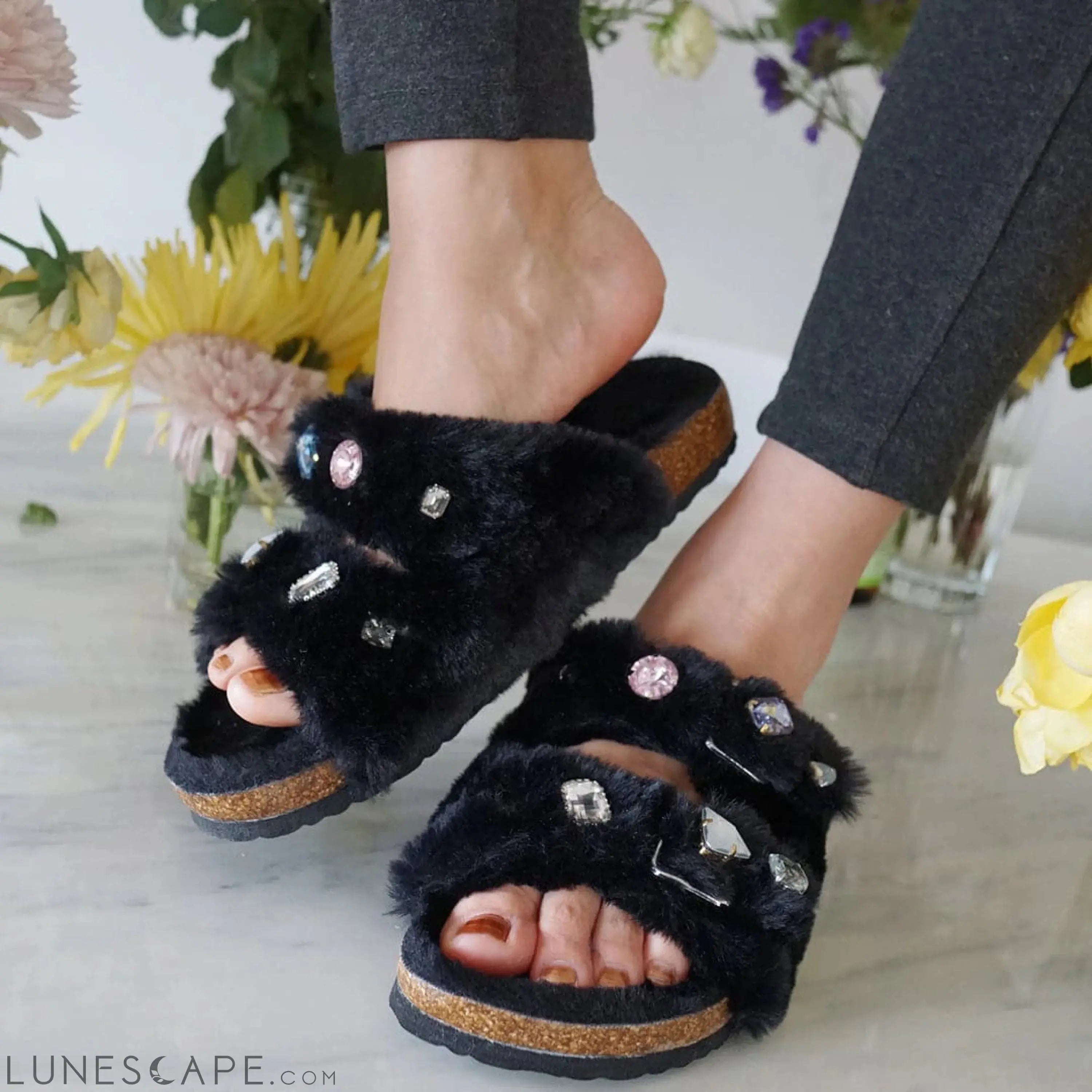 Shearling Fur Slide With Rhinestones - Black Flat Women's Sandals LUNESCAPE