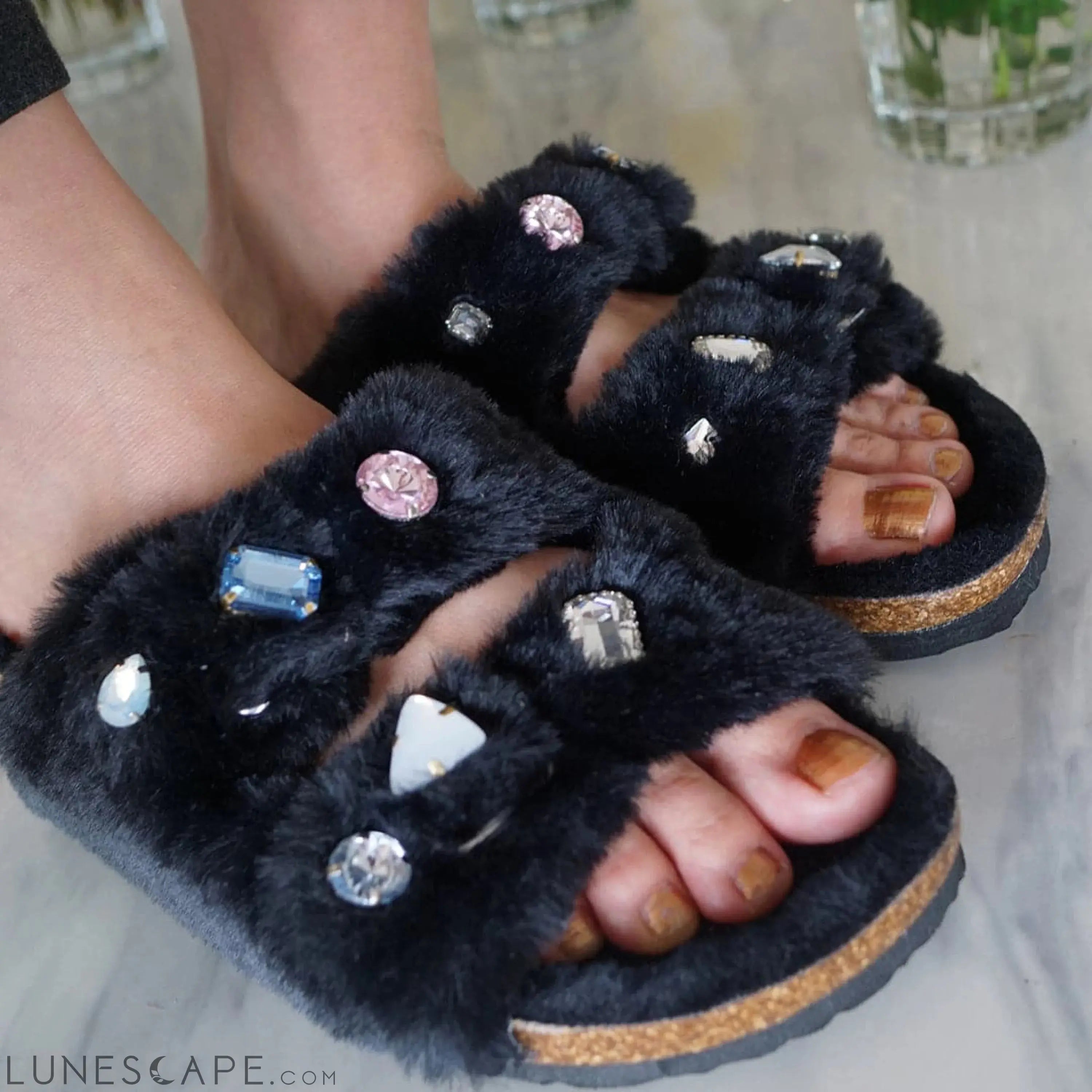 Shearling Fur Slide With Rhinestones - Black Flat Women's Sandals LUNESCAPE