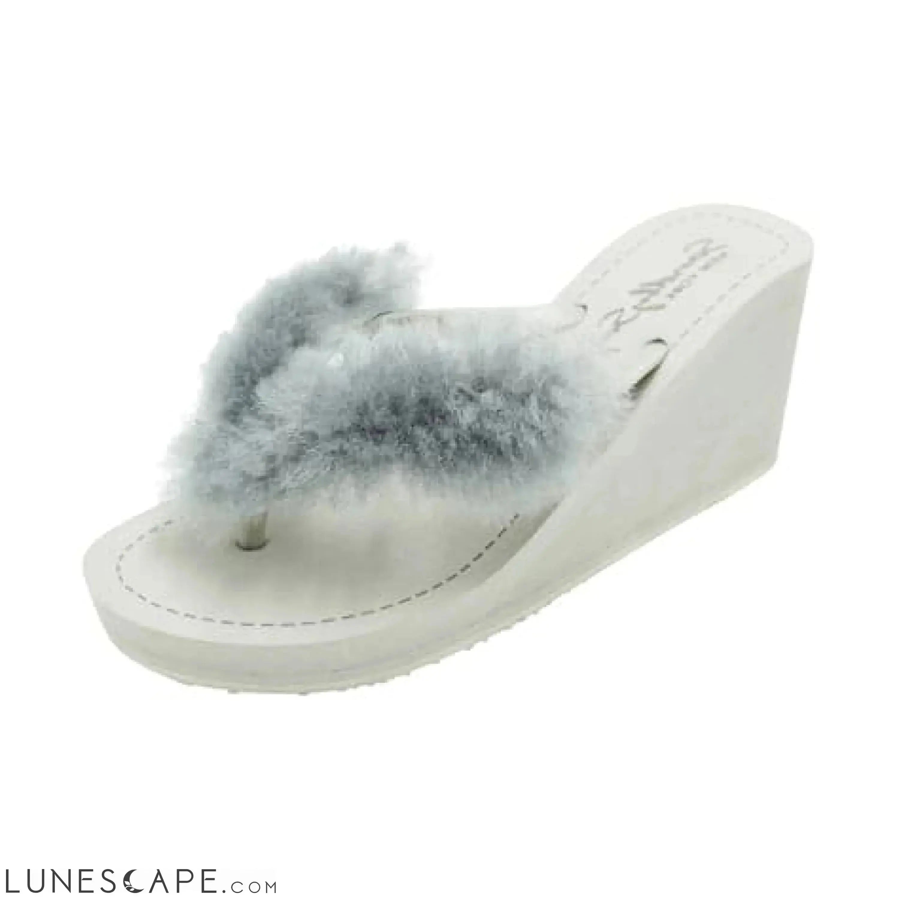 Sheep Fur -Gray Genuine Fur Embellished Women's High Wedge Flip Flops Sandal LUNESCAPE