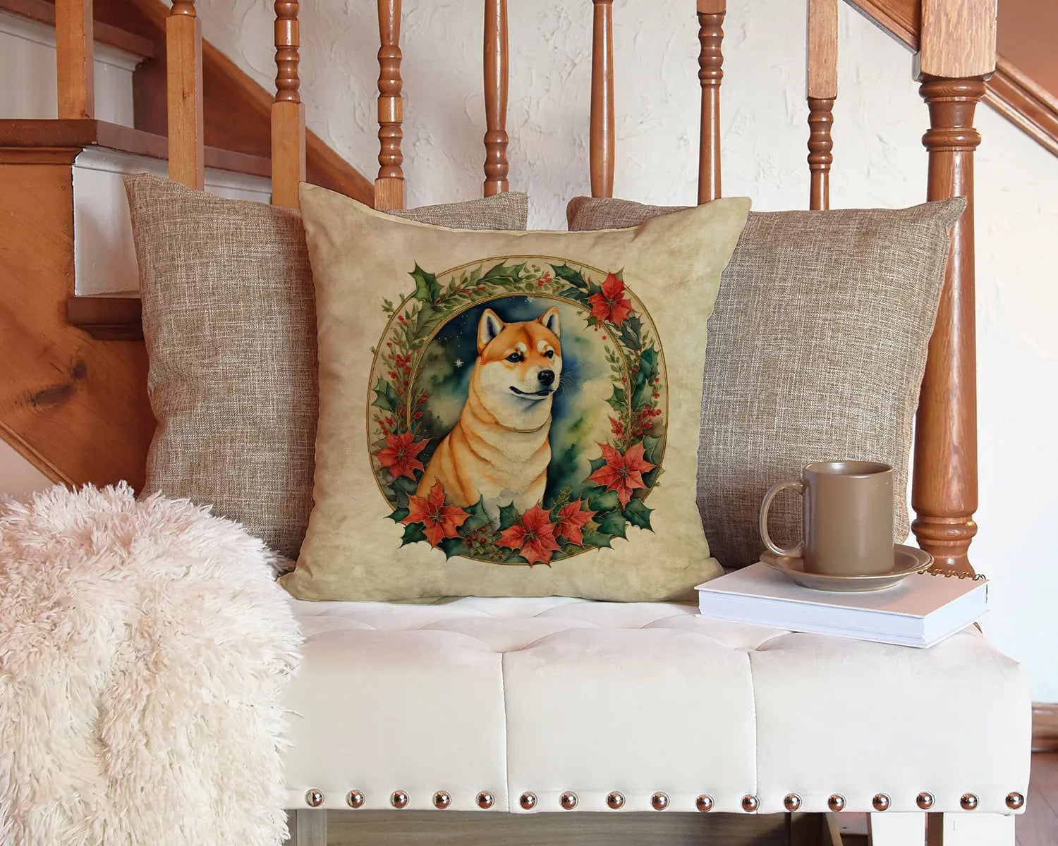 Shiba Inu Christmas Flowers Throw Pillow LUNESCAPE