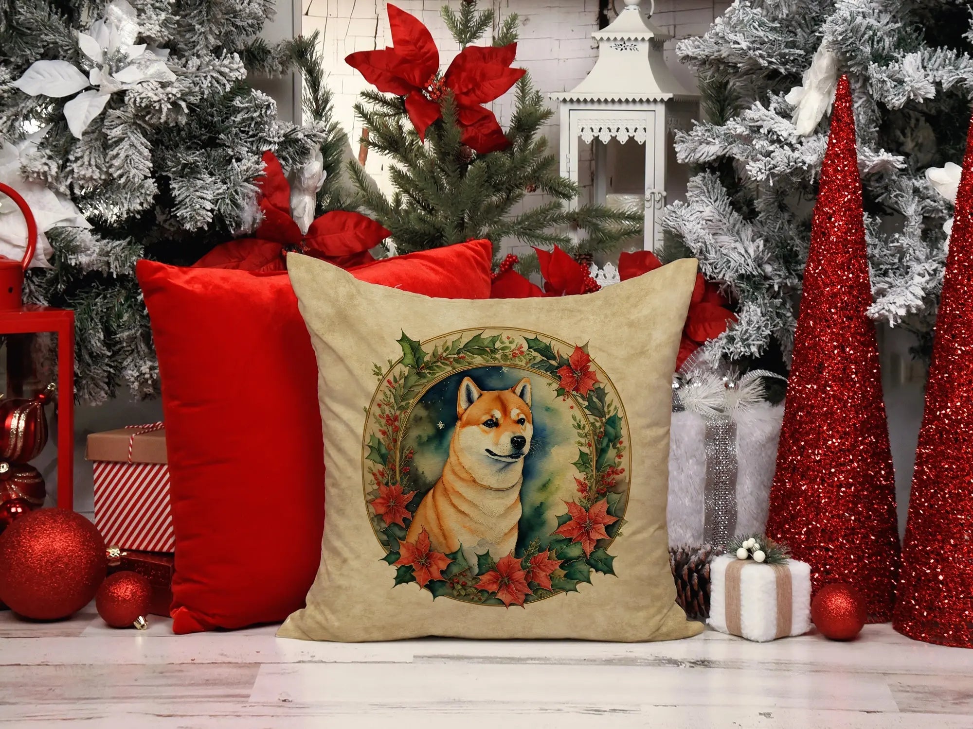 Shiba Inu Christmas Flowers Throw Pillow LUNESCAPE