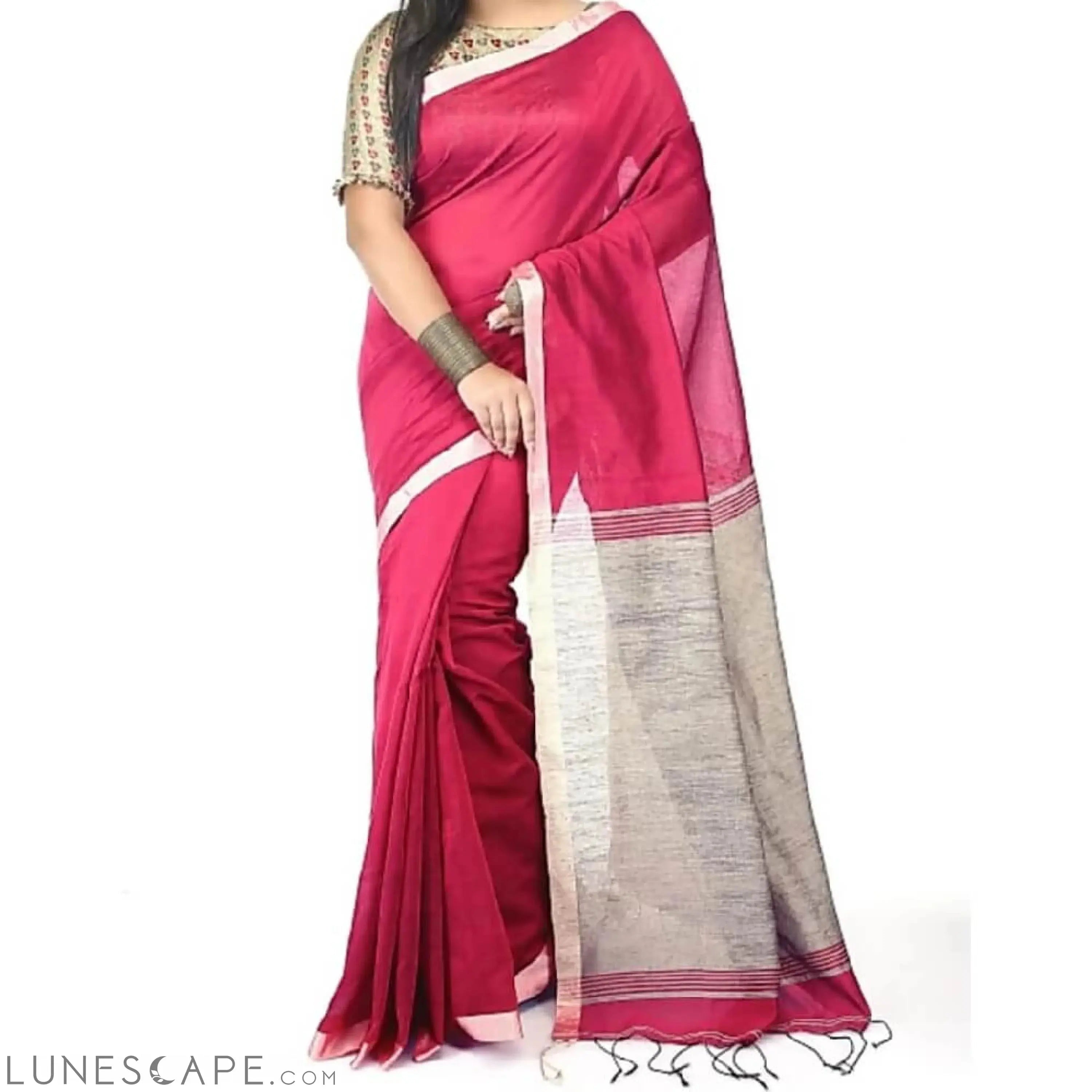 Silk Cotton Handloom Saree - Pink LUNESCAPE
